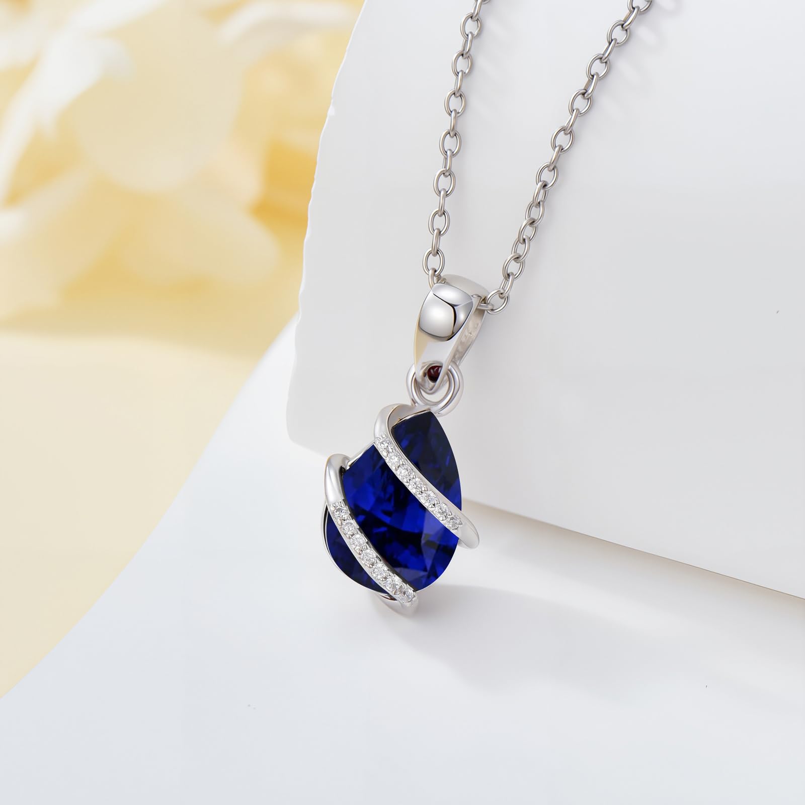 FYBIOD Pear Shaped Created Sapphire and Diamond Pendant Necklace for Women 925 Sterling Silver 2 Carat Teardrop Sapphire Necklace Birthday Gift for Her Mom