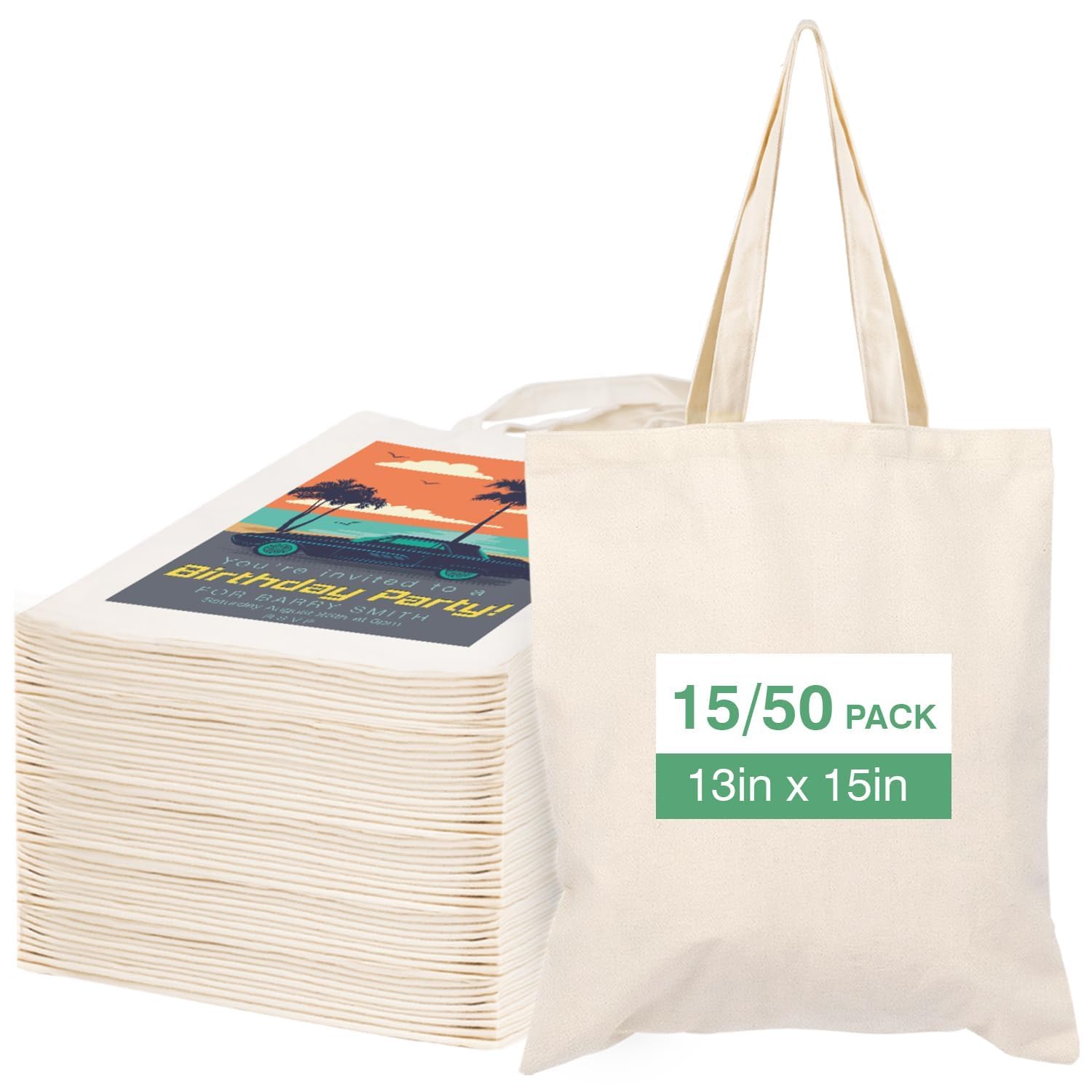 Lzerking 50 Pack Canvas Tote Bag Bulk Sublimation Blank Bags, 13x15 Inches 10oz Medium Lightweight Reusable Grocery Shopping Cloth Bags for DIY Gifts or Prizes