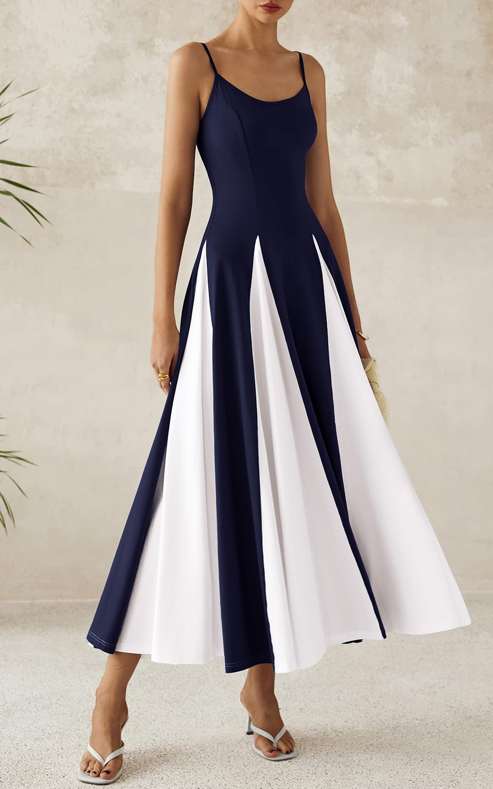 PRETTYGARDEN Spaghetti Strap Backless Spring Dresses for Women 2026 Flowy Maxi Dresses Sleeveless Wedding Guest Dress Navy White, Small