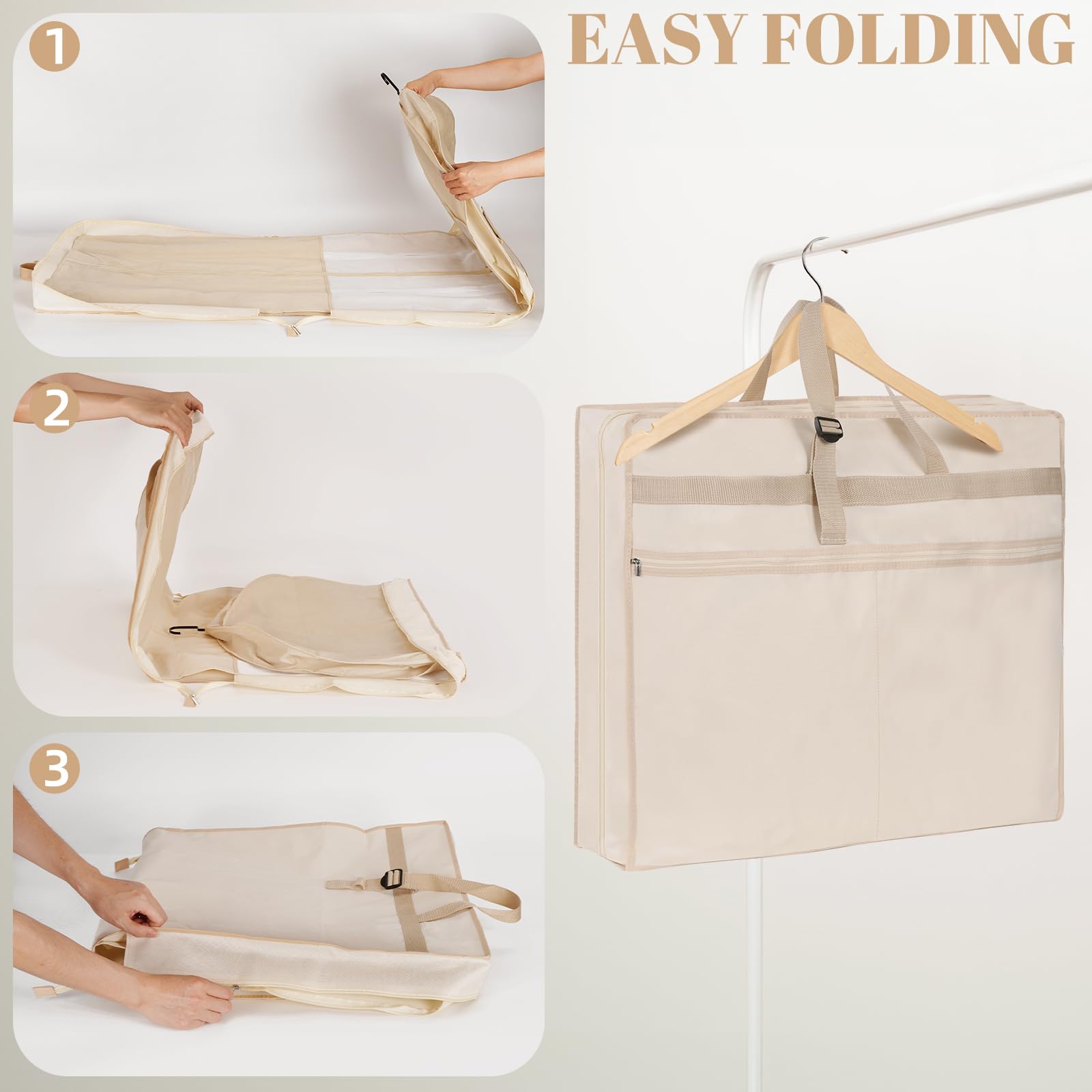 TANGKA Wedding Dress Garment Bag,72’ Tri-Fold Bridal Gown Bag with 6 Pouches and Adjustable Buckle Gown Cover for Wedding/Prom/Travel/Closet Storage (Beige)