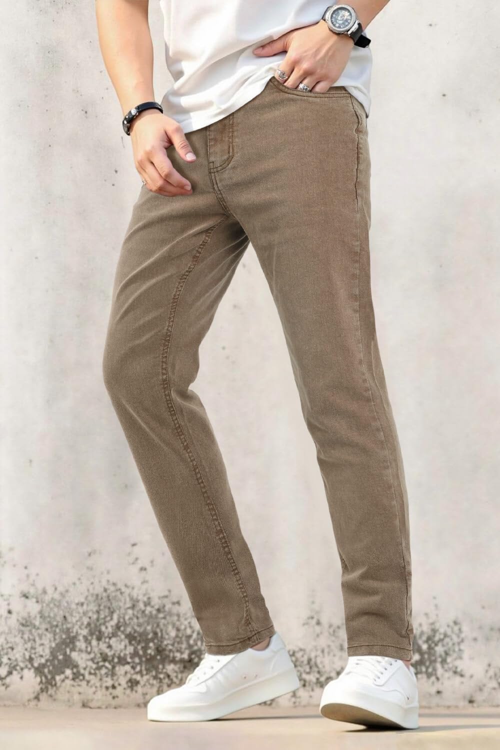 Heyfanee Mens Jeans Slim Fit Stretch Denim Pants for Men Slim Leg Brown 32x30