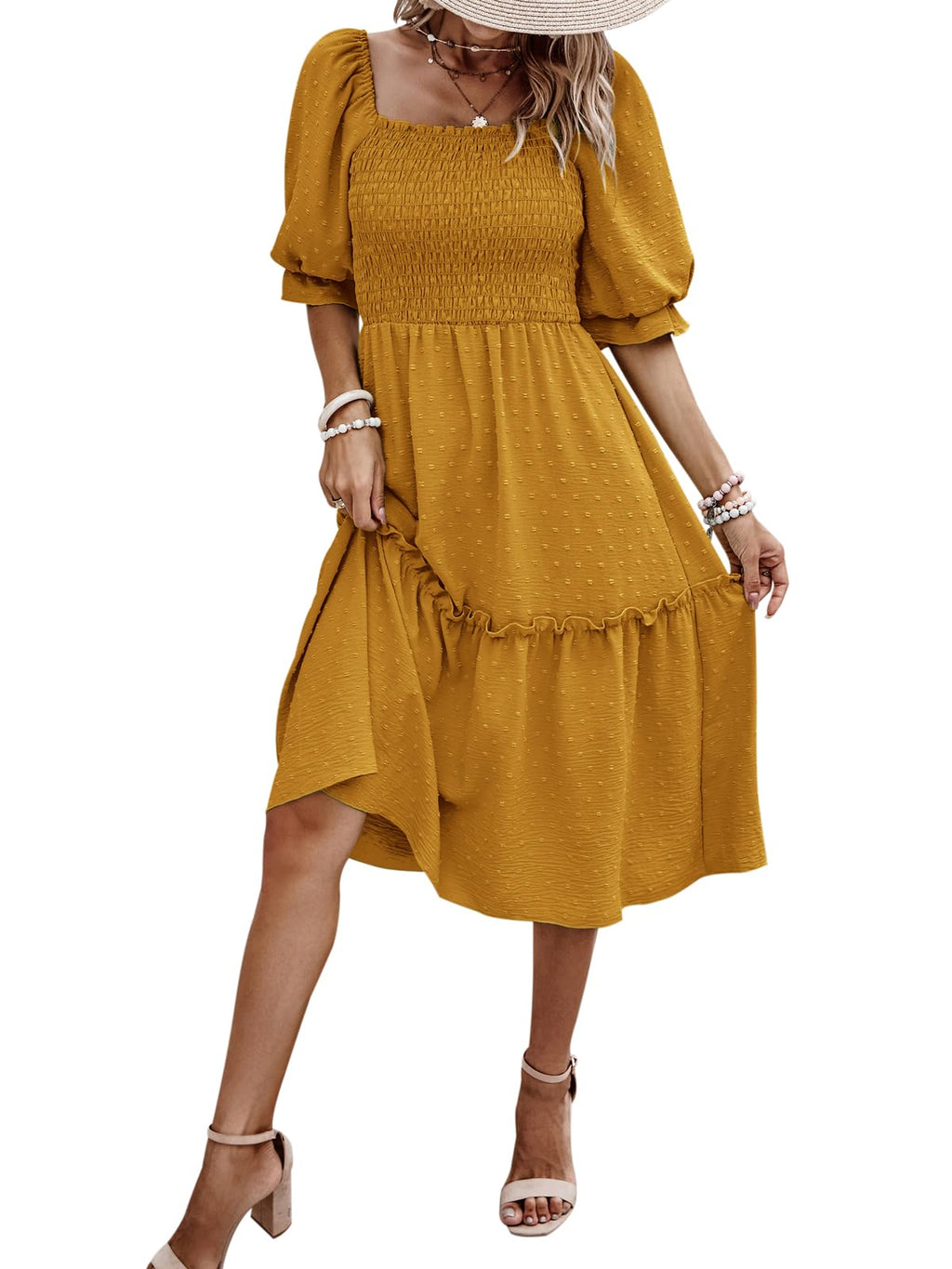 PRETTYGARDEN Women's Summer Casual Midi Dresses 2026 Spring Puff Sleeve Square Neck Smocked A Line Flowy Swiss Dot Beach Vacation Dress (Turmeric,L)