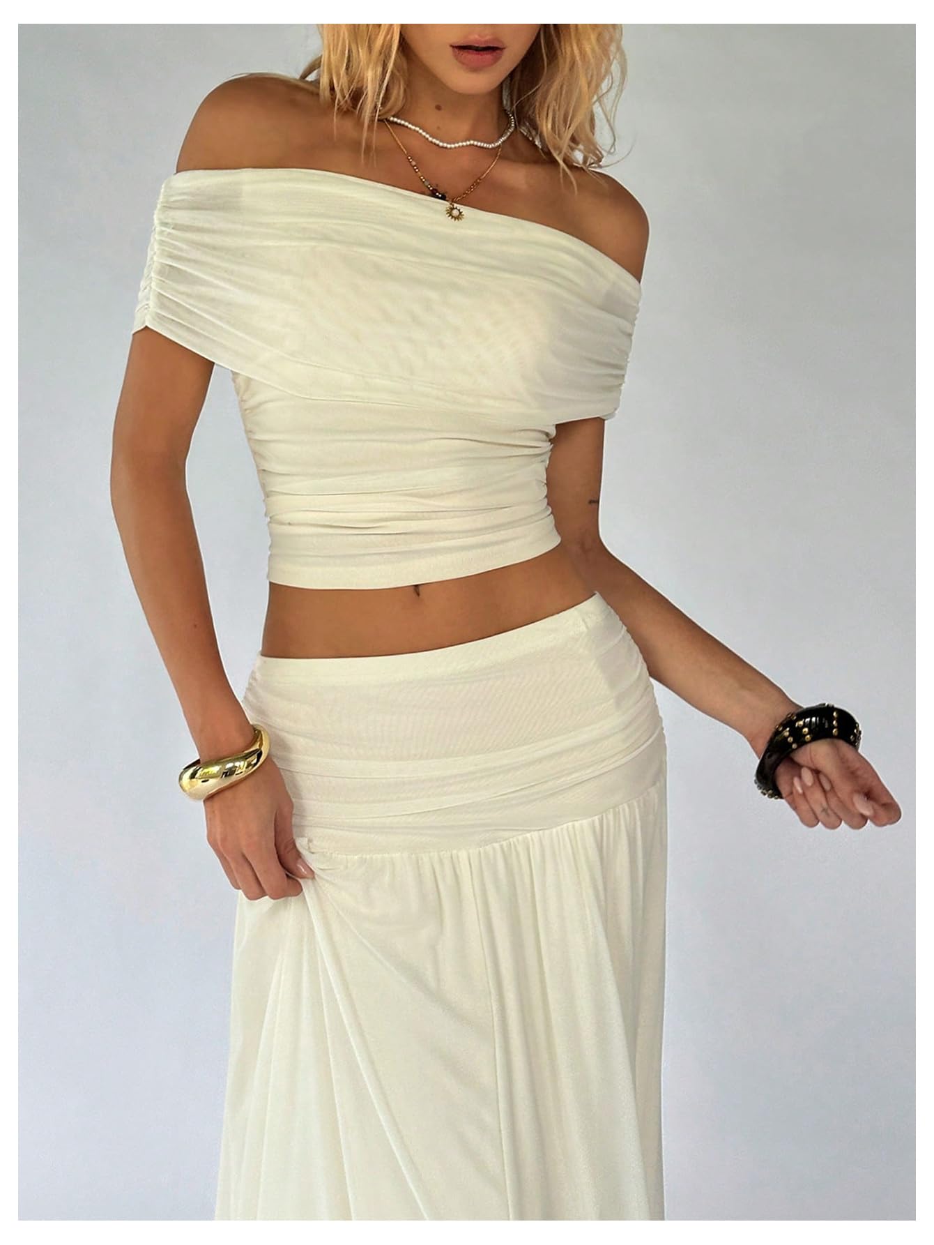 WDIRARA Women's 2 Piece Skirt Outfits Ruched Off Shoulder Top Maxi Skirt Set Beach Vacation Outfits Apricot Medium