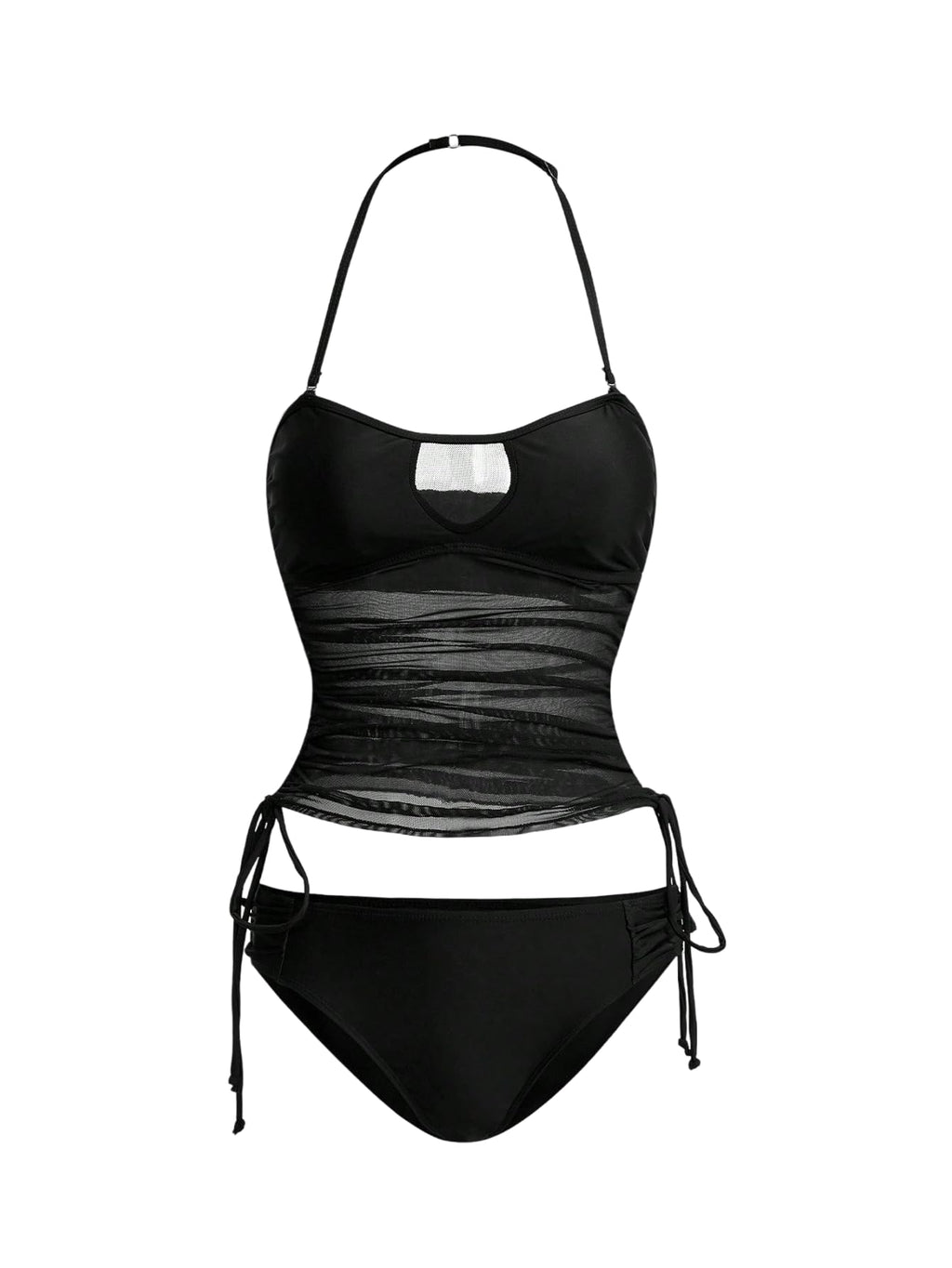 WDIRARA Women's Halter Tankini Set Cut Out Sheer Tie Side High Cut Swimsuit 2 Piece Bathing Suit Black X-Large