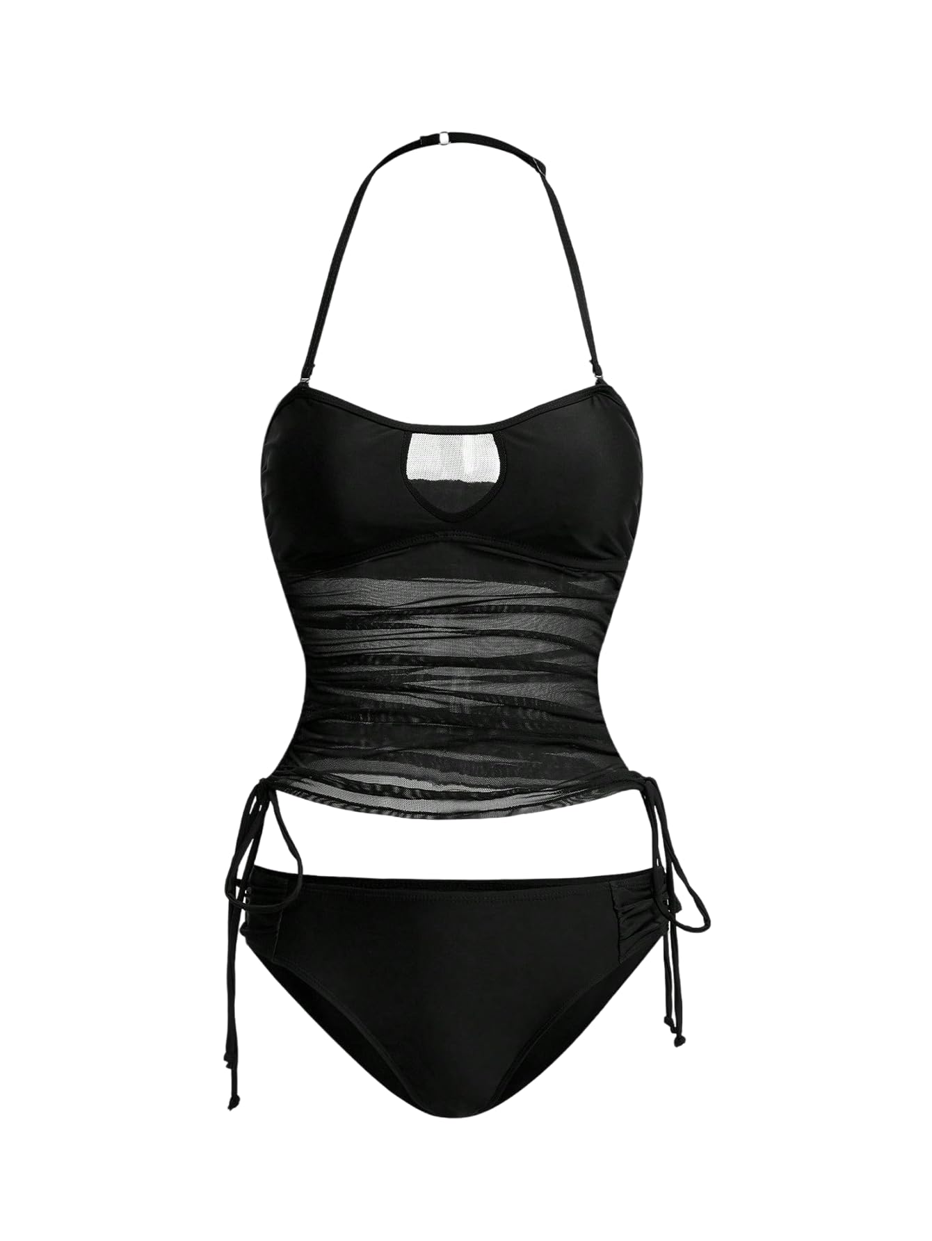 WDIRARA Women's Halter Tankini Set Cut Out Sheer Tie Side High Cut Swimsuit 2 Piece Bathing Suit Black X-Large