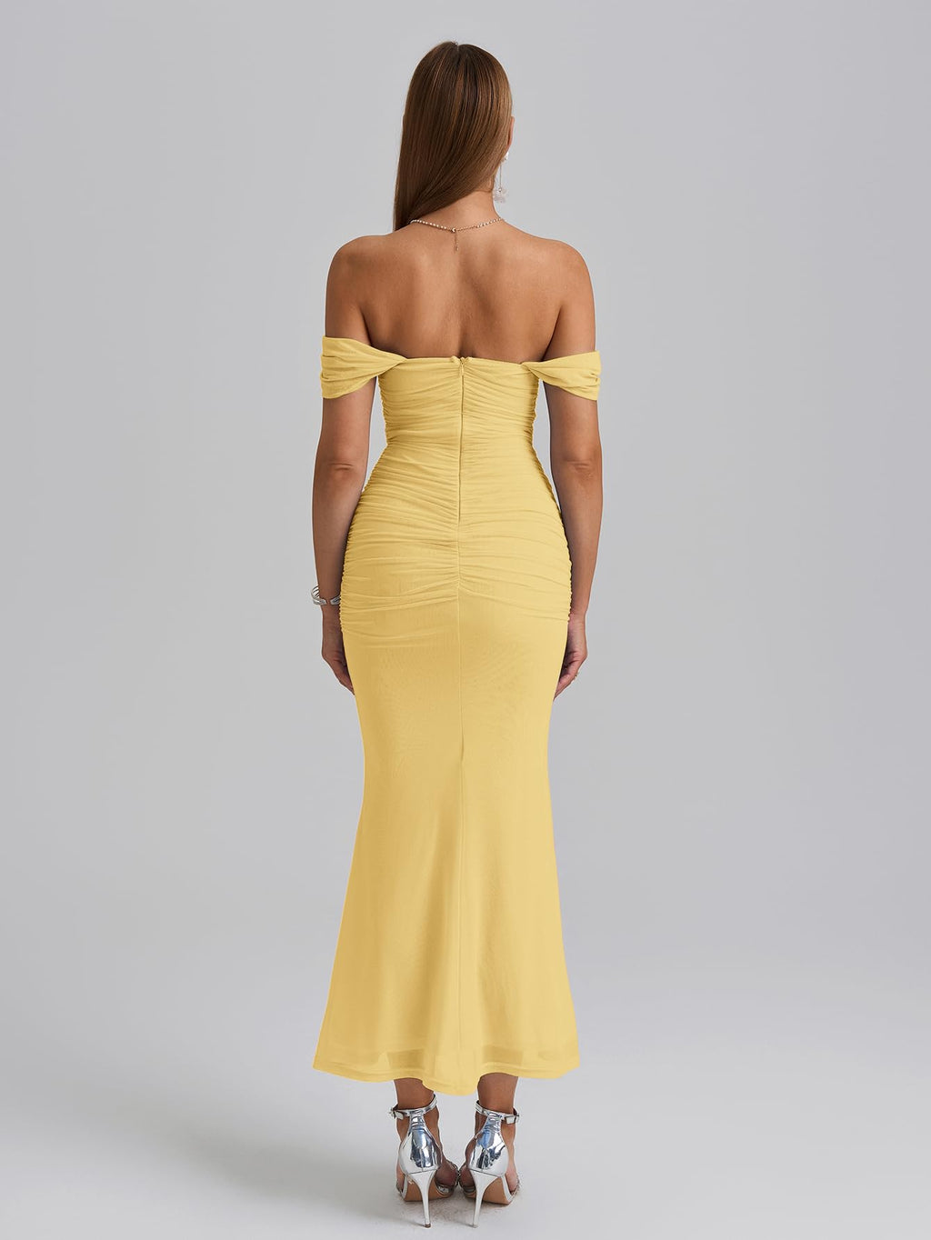 KUTUMAI Off The Shoulder Maxi Long Dress Corset Ruched Bodycon Cocktail Formal Wedding Guest Dresses for Women Yellow M