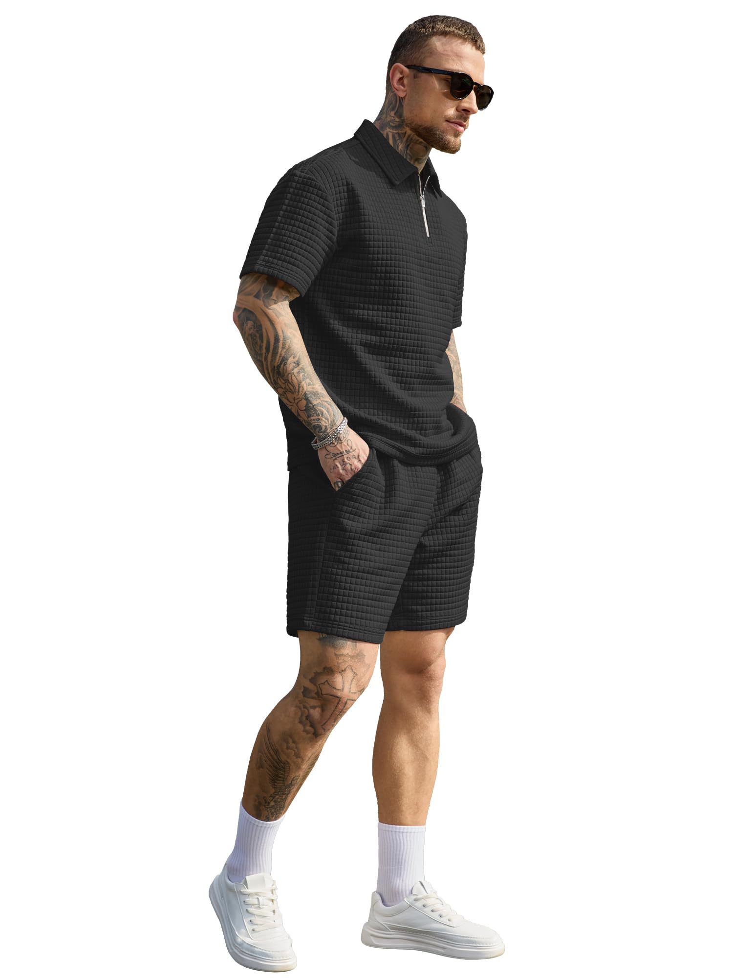 JEMLDL Men's Short Sets 2 Piece Polo Shirt Summer Outfits Casual Fashion Jogging Track Suits Short Sleeve Travel Clothes Black Small