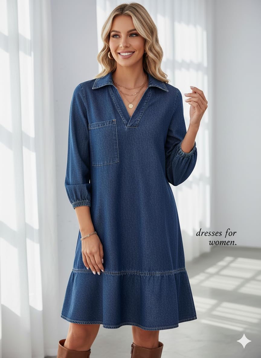 Dokotoo Dresses for Women Casual Spring Summer 3/4 Sleeve Babydoll Denim Dress Womens Ladies Cute Collar Neck Puff Sleeve Fashion Mini Jean Dresses Sail Blue Large