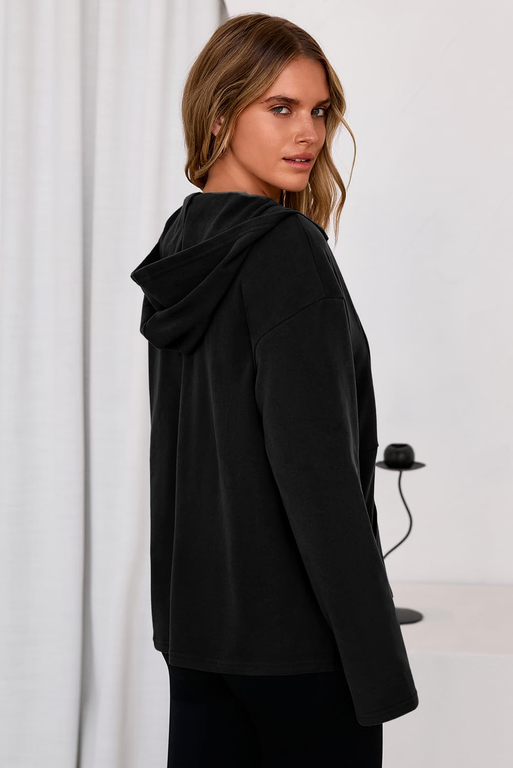 Dokotoo Hoodies for Women Long Sleeve Heatvault Fleece Half Zip Up Hoodie V Neck Solid Color Pullover Oversized Sweatshirt Hooded Tops Casual Comfy Fall Fashion Outfits Clothes 2025 Black Small
