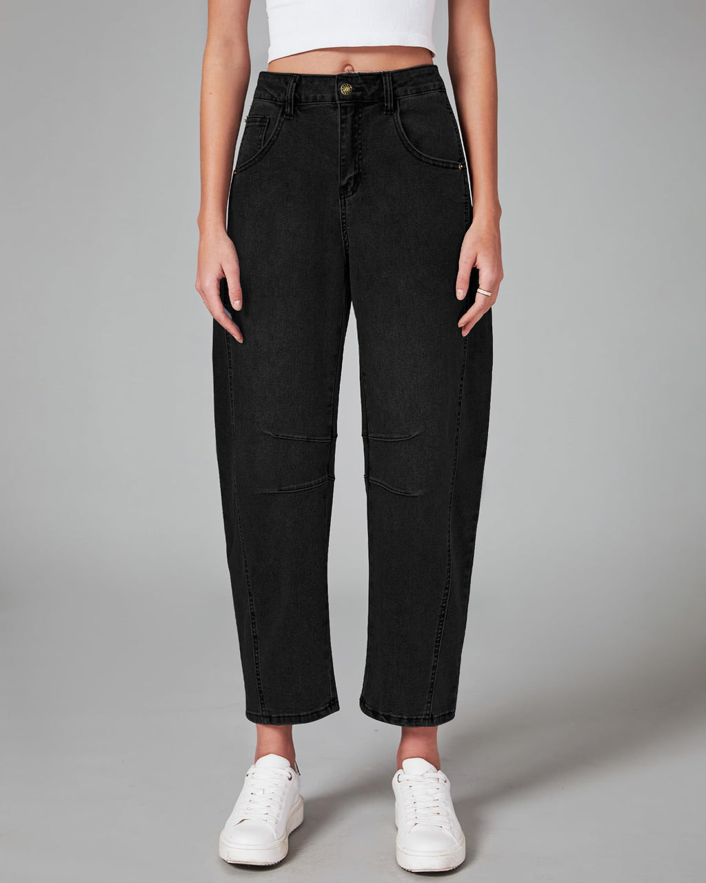 GRAPENT Barrel Jeans for Women Balloon Wide Leg Cropped Trendy Jeans Boyfriend High Waisted Jean Pants Casual Stretchy Summer Denim Trousers Color True Black X-Large Plus Size 16 to 18