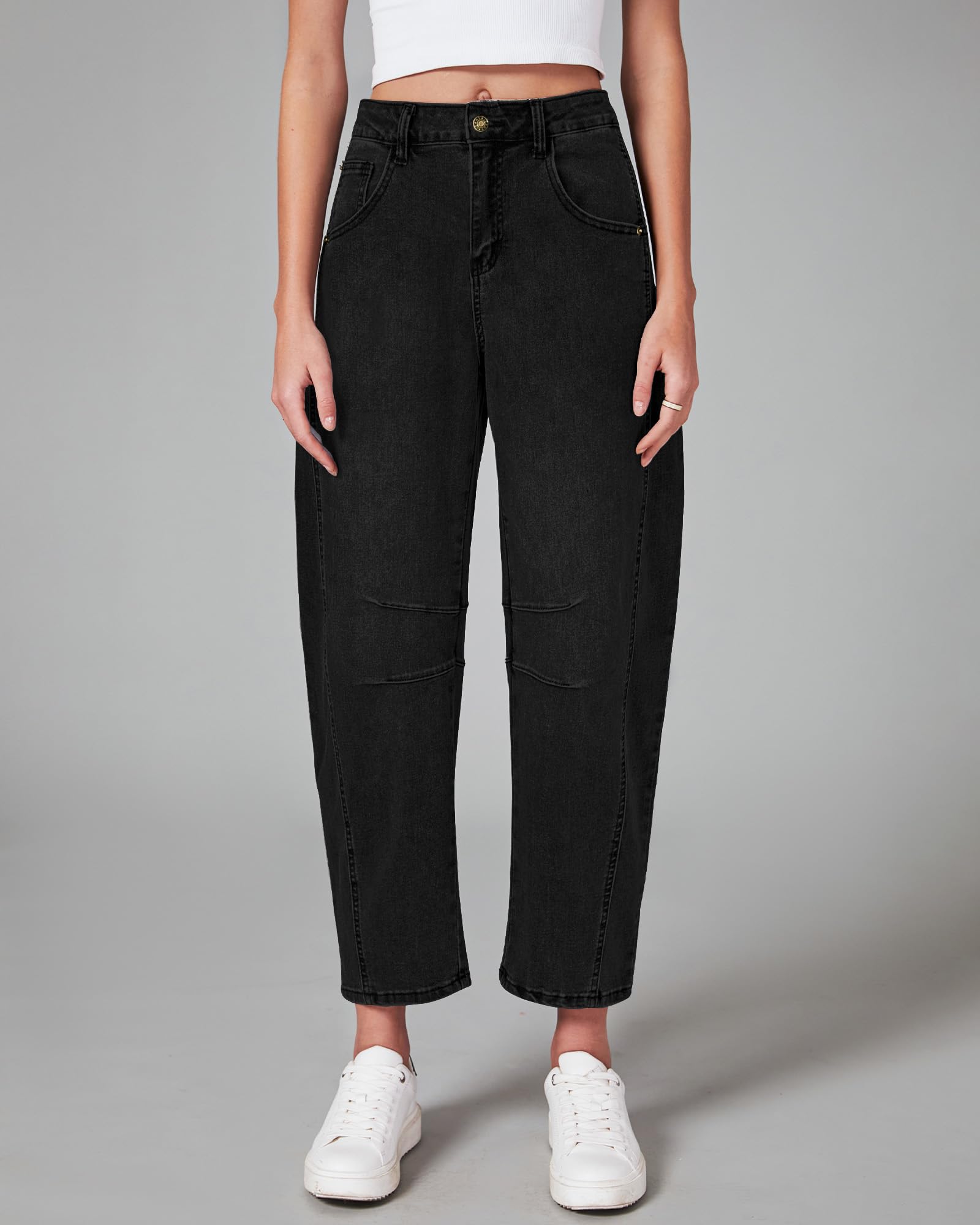 GRAPENT Barrel Jeans for Women Balloon Wide Leg Cropped Trendy Jeans Boyfriend High Waisted Jean Pants Casual Stretchy Summer Denim Trousers Color True Black X-Large Plus Size 16 to 18