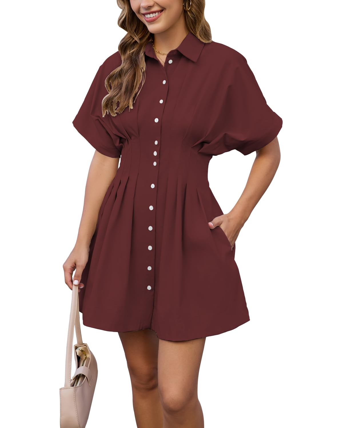 Shy Velvet Women’s Mini Shirt Dress Casual Button Down Short Sleeve Collared Summer Dresses Burgundy