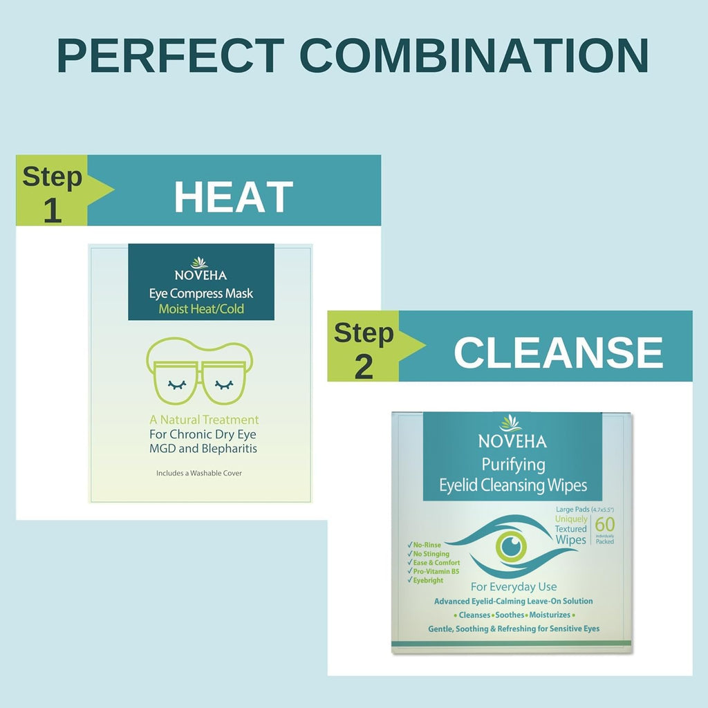 NOVEHA Eyelid & Lash Wipes | For Itchy, Dry Eyes, Styes & Blepharitis | lid and lash Cleansing Wipes, Hypoallergenic & Soothing For Sensitive Eyes, Pack of 60