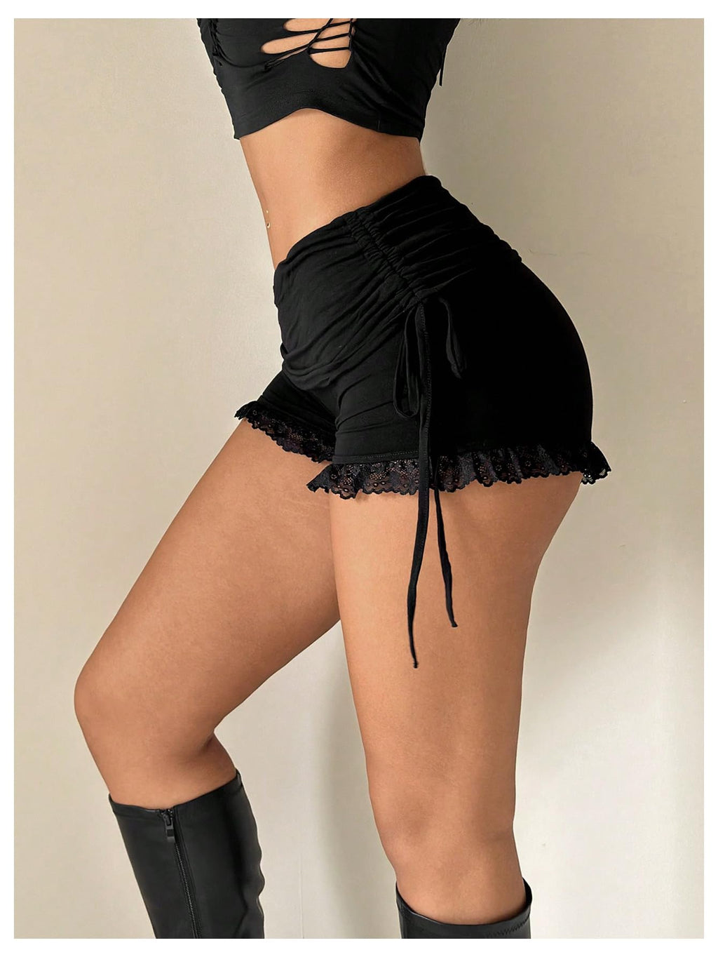 WDIRARA Women's Side Drawstring Ruched Lace Shorts Low Rise Stretchy Going Out Mini Shorts Black Medium