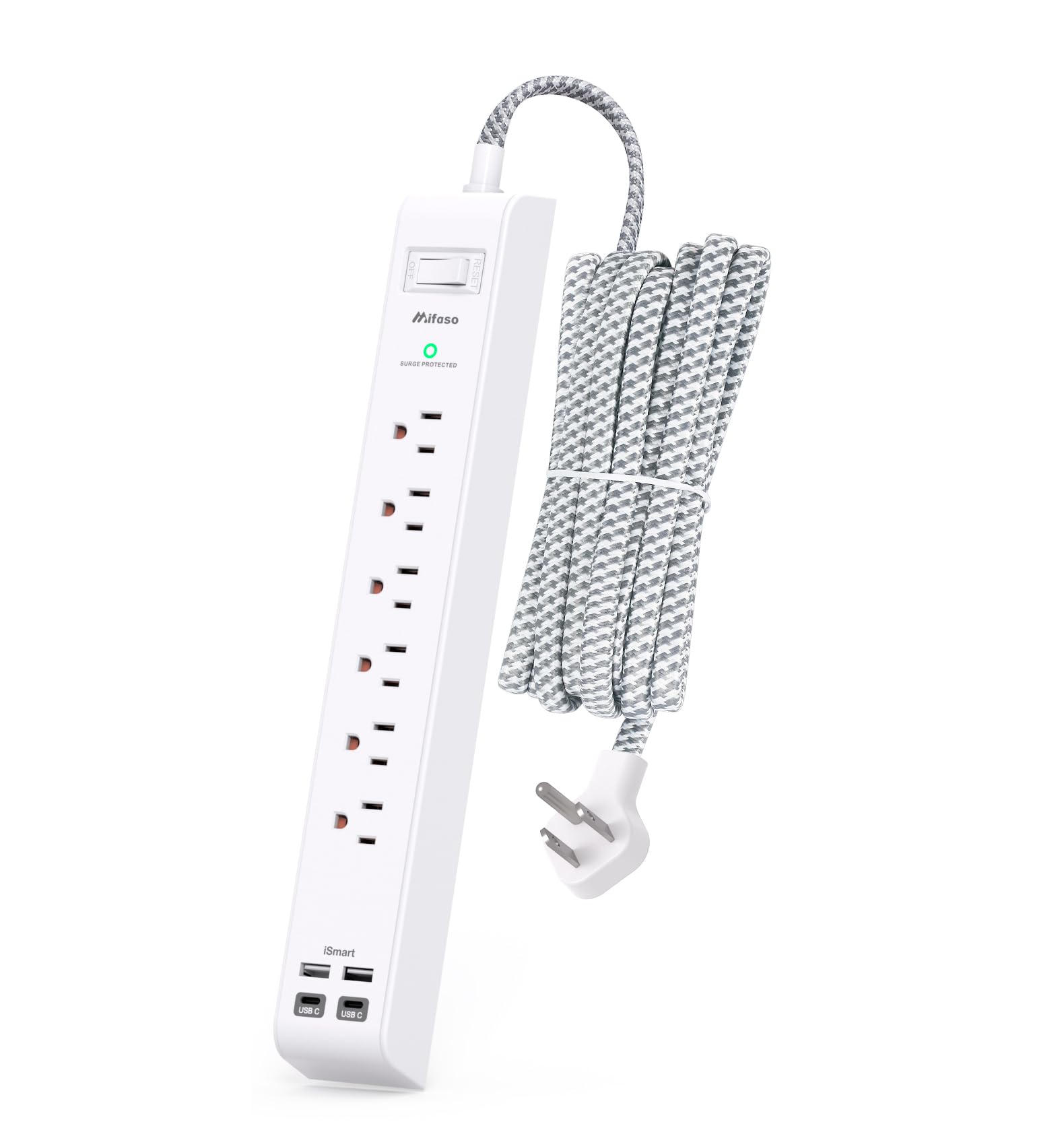 Surge Protector Power Strip 10 ft with 4 USB Ports 2 USB-C 6 AC Outlets, Flat Plug Extension Cord, USB Charging Station, Wall Mountable for Home, Office, Dorm Essentials, 1080J, ETL Listed
