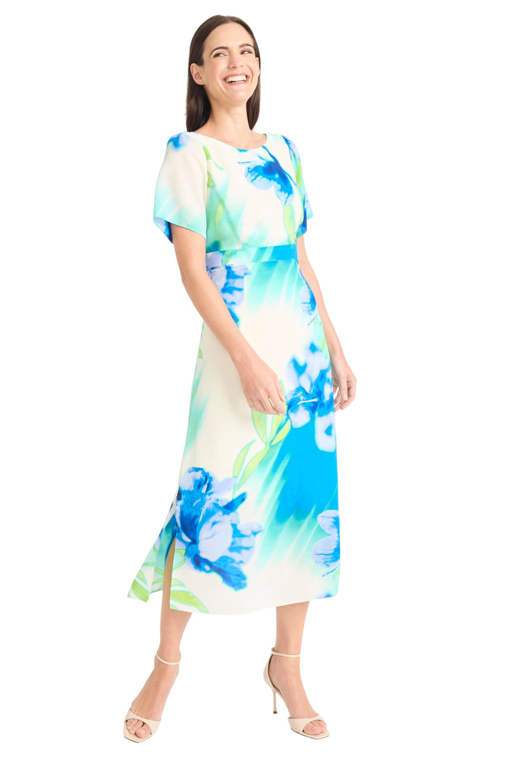 Maggy London Women's Dresses Women's Floral Printed Midi Cocktail Dress with Boat Neckline and Empire Waist - Wedding Guest Ready, Ivory/Blue, 0