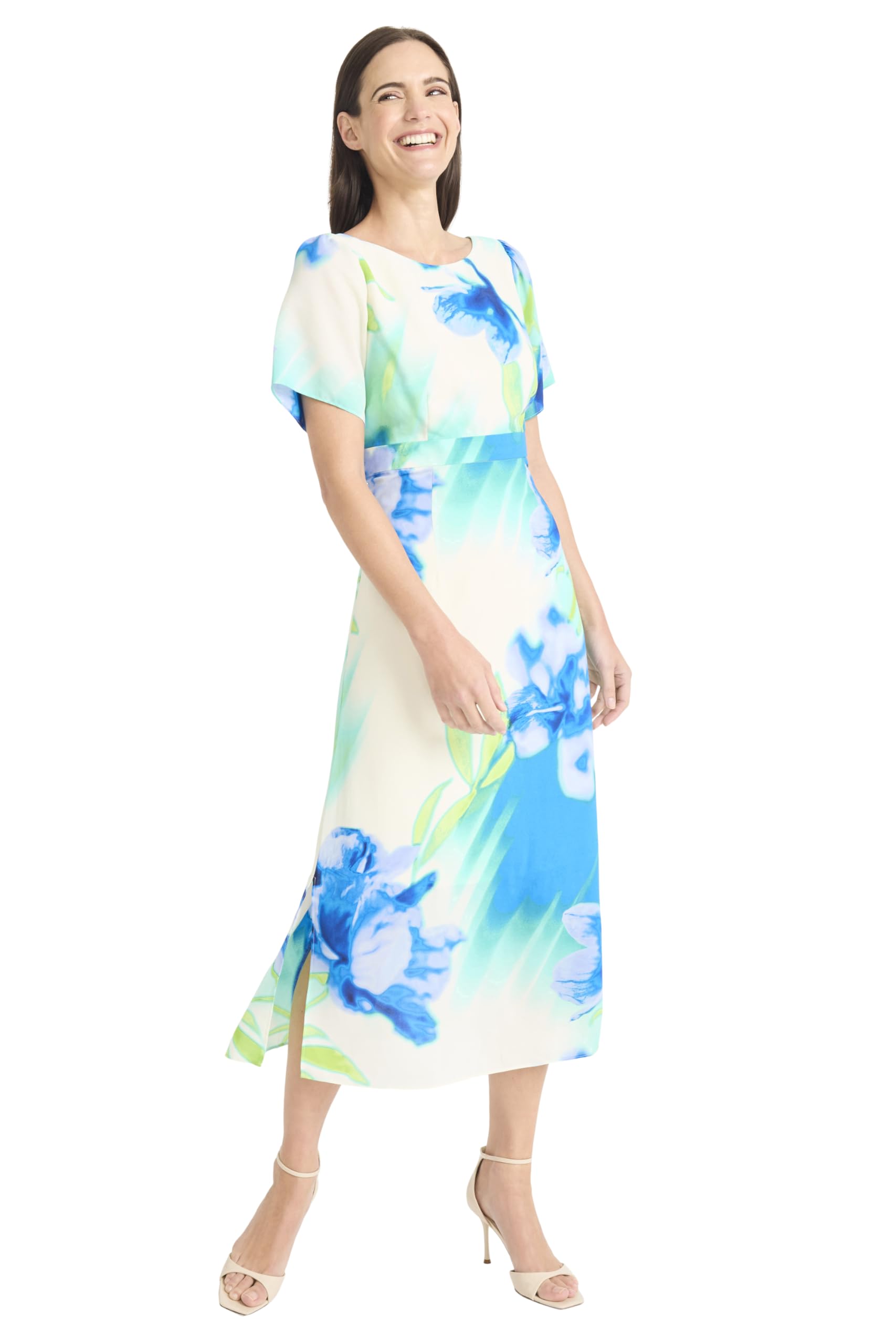 Maggy London Women's Dresses Women's Floral Printed Midi Cocktail Dress with Boat Neckline and Empire Waist - Wedding Guest Ready, Ivory/Blue, 0