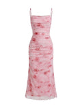 WDIRARA Girl's Floral Print Square Neck Mesh Sleeveless Ruched Cami Dress Party Bodycon Dresses Pink Multi 12Y