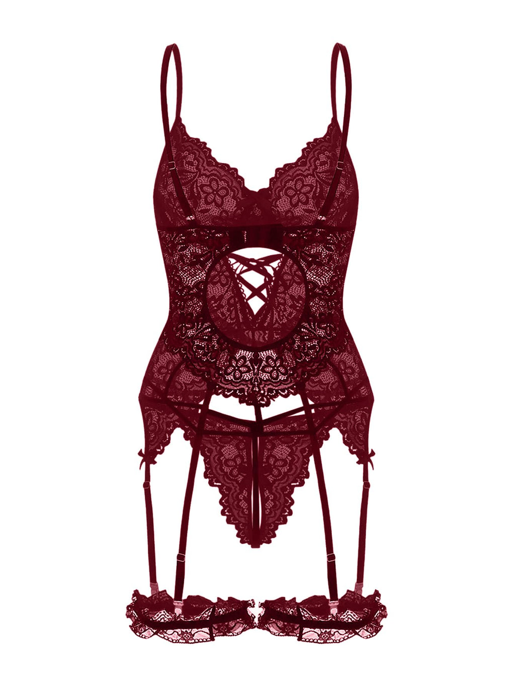Lilosy Sexy Criss Cross Corset Underwire Floral Lace Sheer Garter Belt Lingerie Set 2 Piece