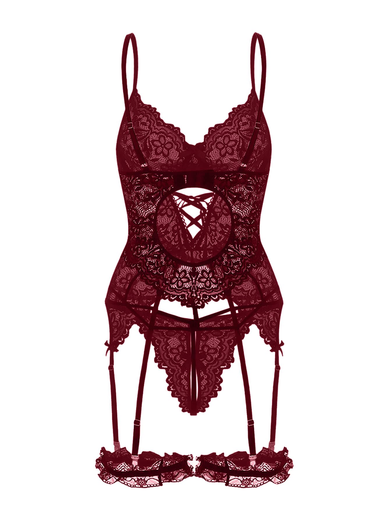 Lilosy Sexy Criss Cross Corset Underwire Floral Lace Sheer Garter Belt Lingerie Set 2 Piece