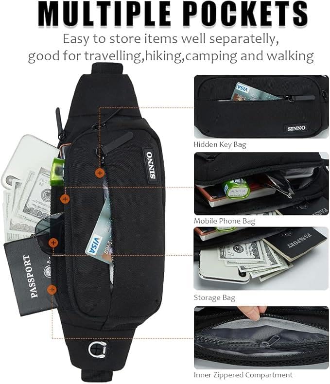 SINNO Black Fanny Packs for Women Men Fashionable Waterproof Belt Bag Gifts for Running Sport Workout Hiking Travel Crossbody Plus Size Waist Pack Phone Bag Wallets Purse Carrying All Phones
