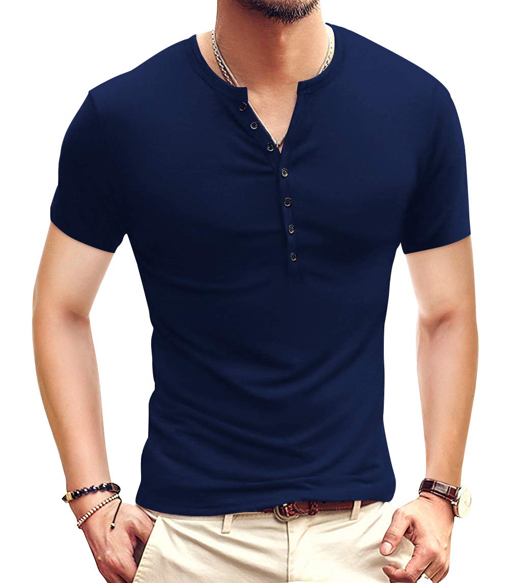 YTD Mens Casual Slim Fit Basic Henley Short Sleeve Fashion Summer T-Shirt M Navy