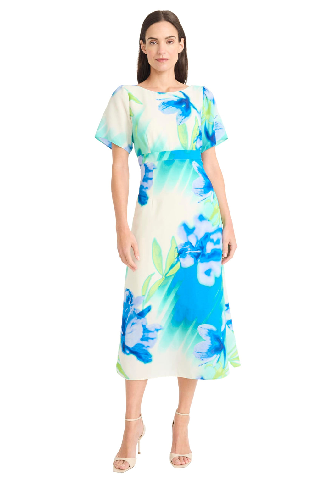 Maggy London Women's Dresses Women's Floral Printed Midi Cocktail Dress with Boat Neckline and Empire Waist - Wedding Guest Ready, Ivory/Blue, 0