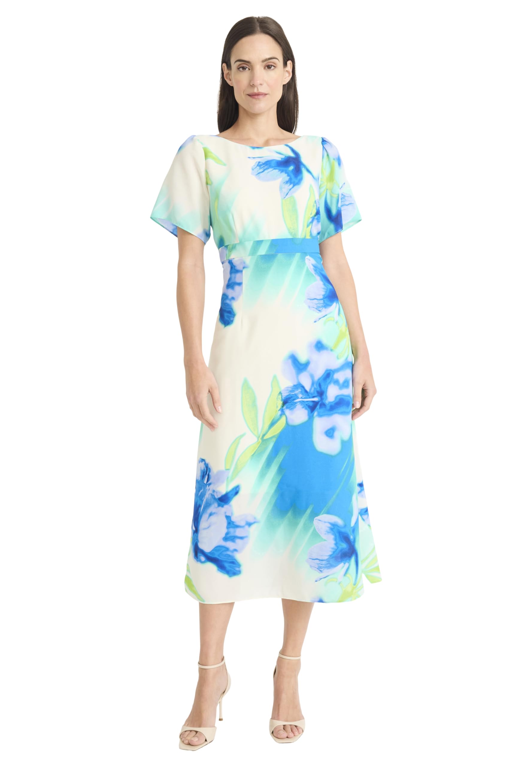 Maggy London Women's Dresses Women's Floral Printed Midi Cocktail Dress with Boat Neckline and Empire Waist - Wedding Guest Ready, Ivory/Blue, 0