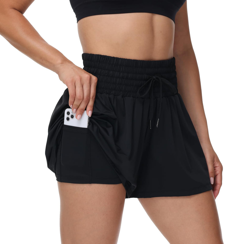 Flowy Athletic Shorts for Women Workout Running Gym Yoga Sport Short Pants Sweat Tennis Skirt Skort High Waisted with Pockets Biker Spandex Cute Comfy Lounge Trendy Clothes Casual Summer Black S