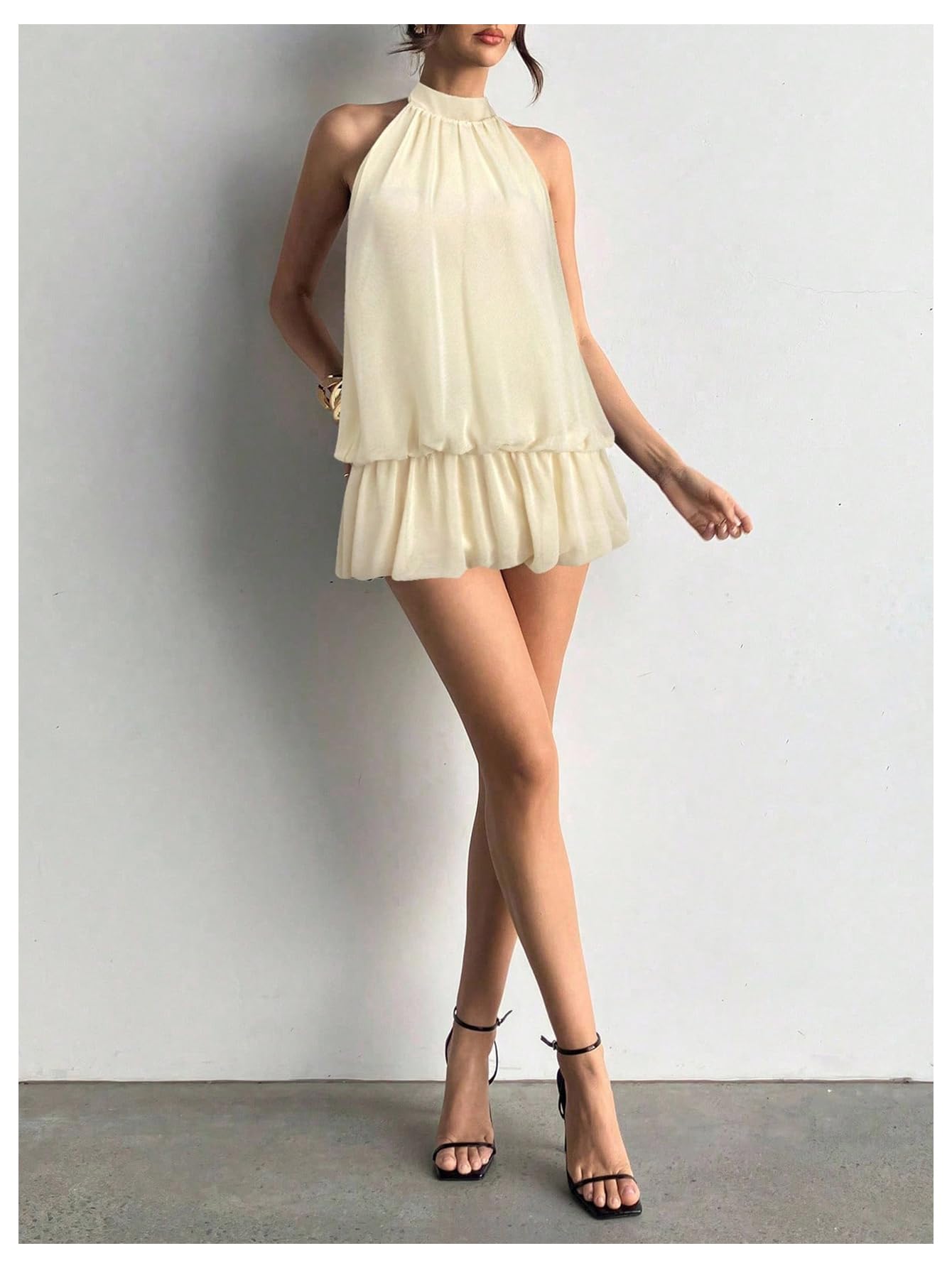 Floerns Women's Y2k Summer Halter Dress Tie Open Back Sleeveless Ruffle Hem Bubble Going Out Mini Dresses Apricot XX-Small
