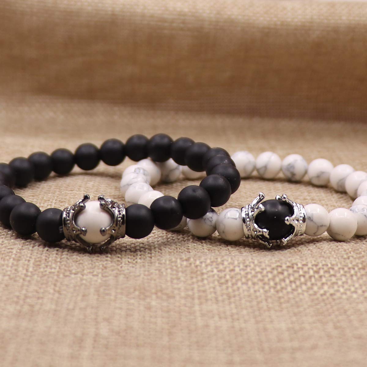 UEUC King&Queen Crown Distance Couple Bracelets His Hers Black Matte Agate 8mm Beads Bracelet