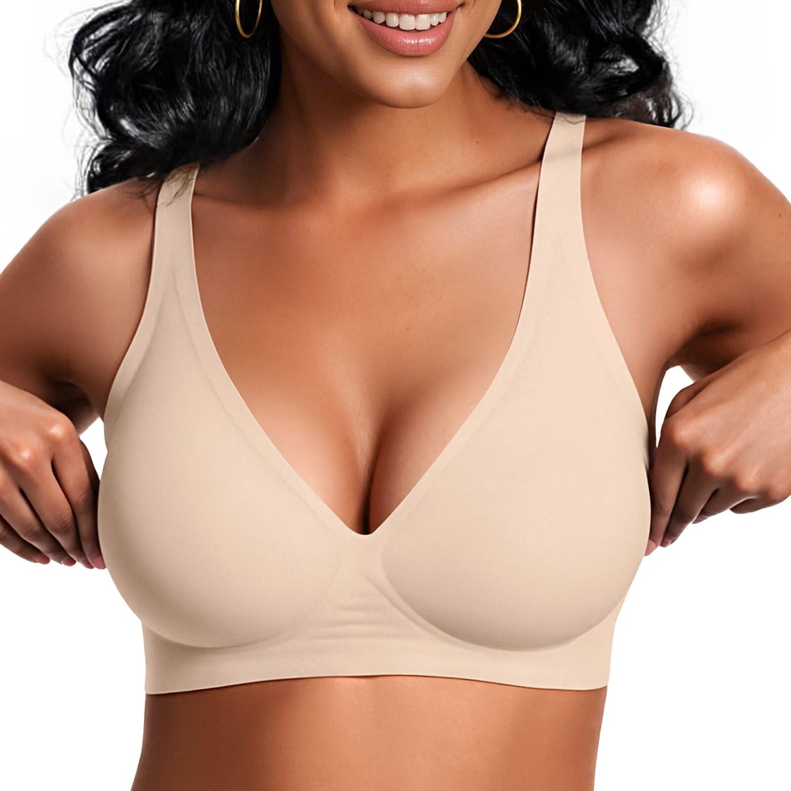 Vertvie Jelly Wireless Bras for Women Push Up Plunge Seamless T-Shirt Bras No Underwire Supportive Full Coverage Bralettes(Nude,Large)