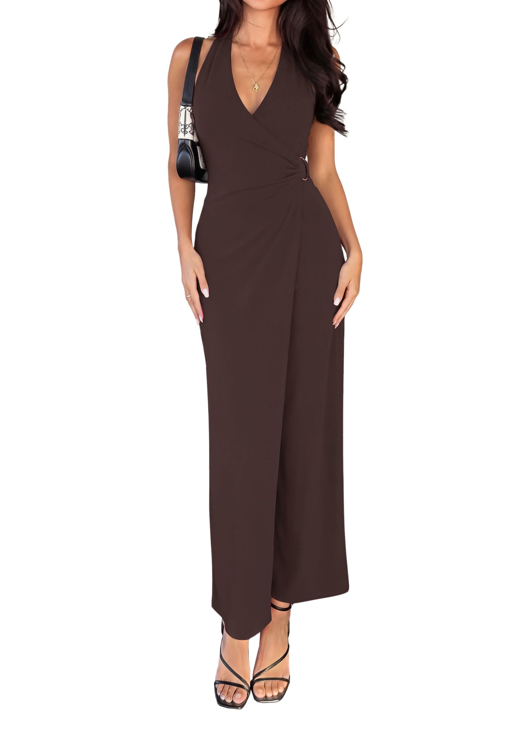 PRETTYGARDEN Halter Dresses for Women 2026 Elegant Classy Spring V Neck Tie Backless Summer Wedding Guest Cocktail Midi Dress(Brown,Small)