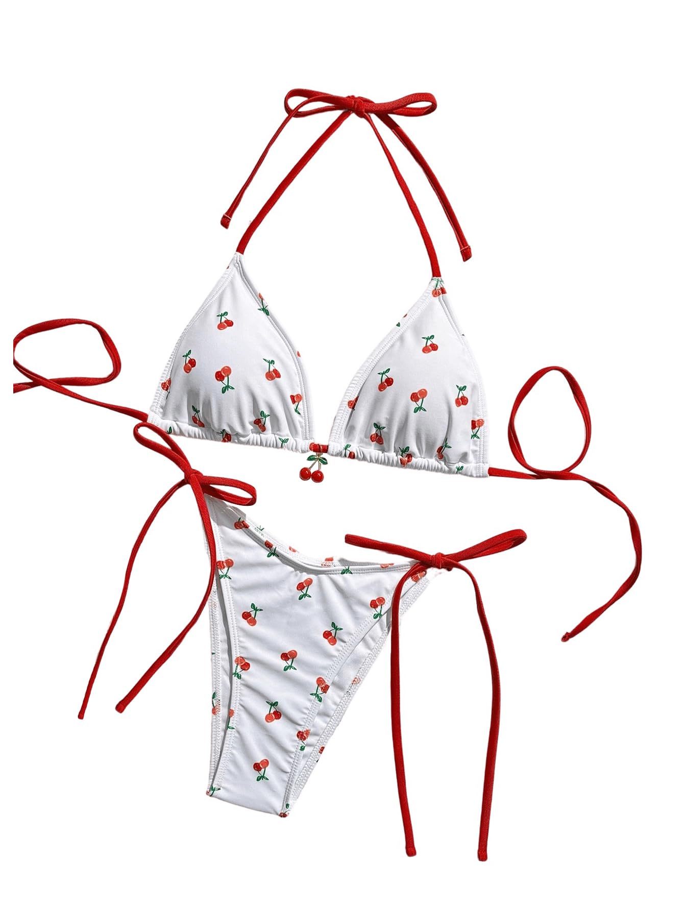 WDIRARA Women's 2 Piece Swimsuit Cherry Print Bikini Set Halter Triangle Bikini Side Tie String Bathing Suits White Red Large