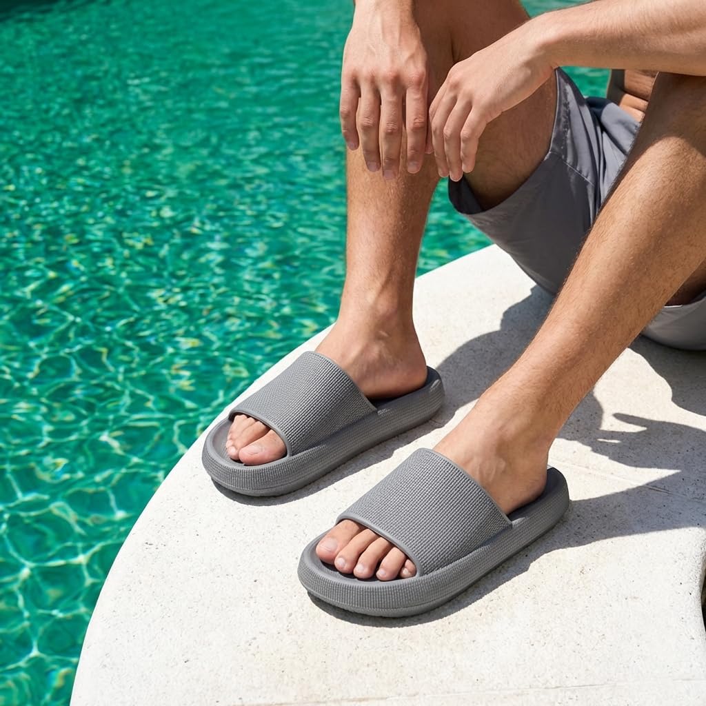 CUSHIONAIRE Feather EVA Mens Sandals – Slip On Recovery Slides, Lightweight Water Shoes for Men, GRAY 9