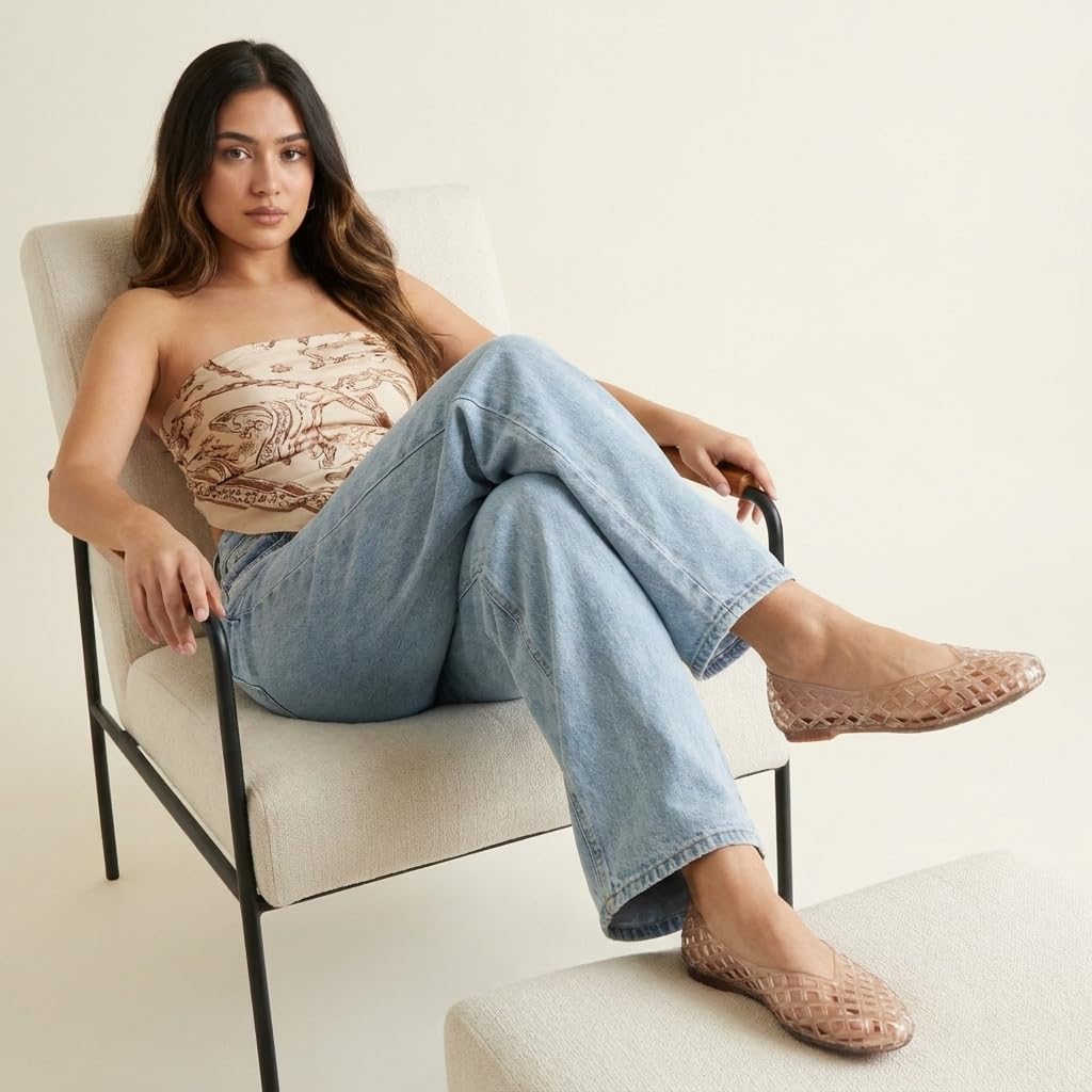 CUSHIONAIRE Siesta Modern Lattice Ballet Flats for Women, Comfortable Slip On Pointed Toe Womens Jelly Shoes, MOCHA 6