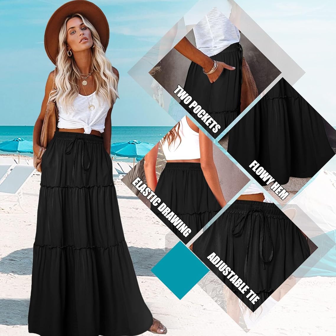 EARKOHA Trendy Lightweight Drawstring Tiered Ruffles Paisley Hippie Plus Size Bohemian Long Maxi Skirt with Deep Pockets for Office Music Festival Travel Picnic Dating Fall Outfits Black M