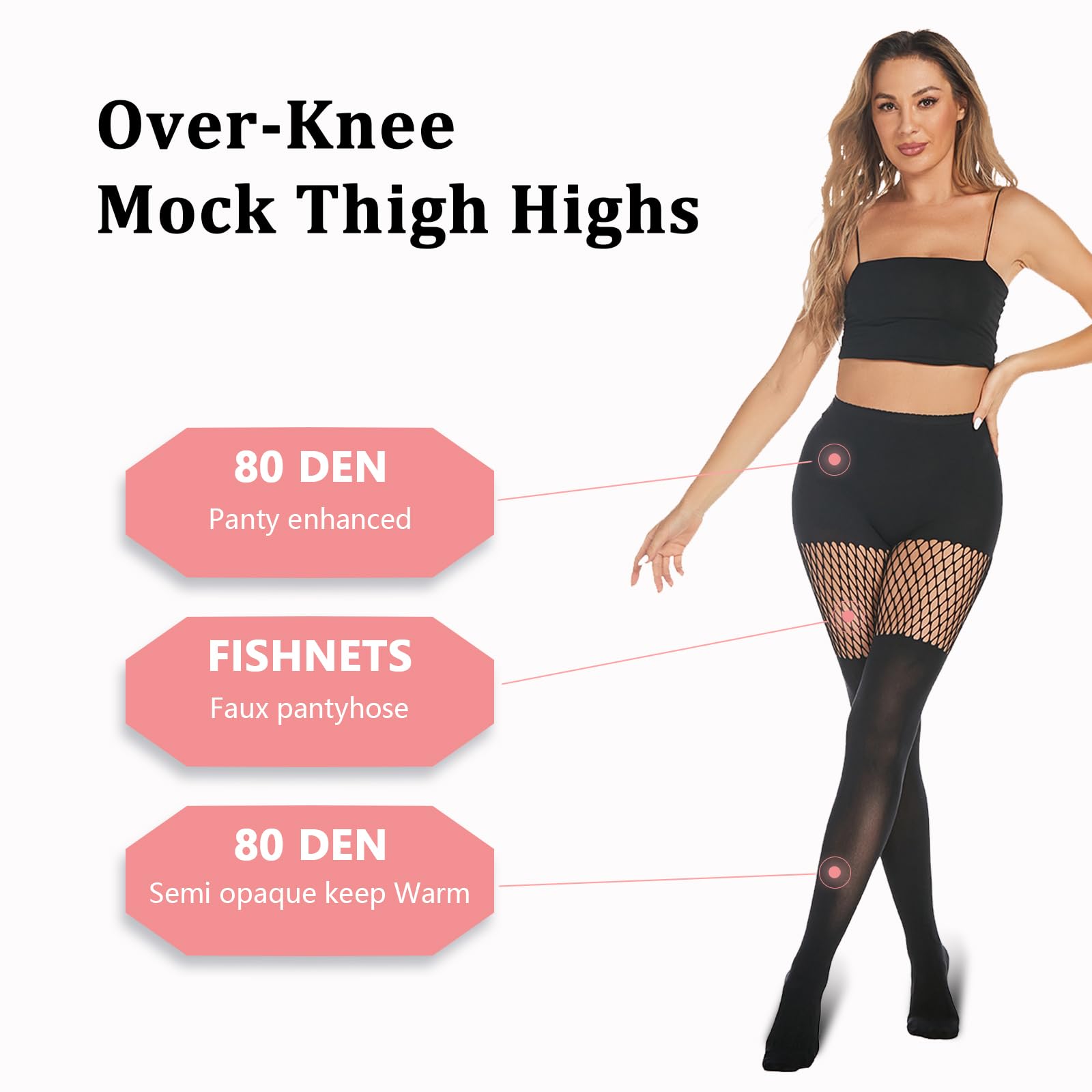 MANZI Faux Thigh High Tights Mock Suspender Pantyhose Striped Goth Fishnets Pack of 2 Grid/Suspender One Size