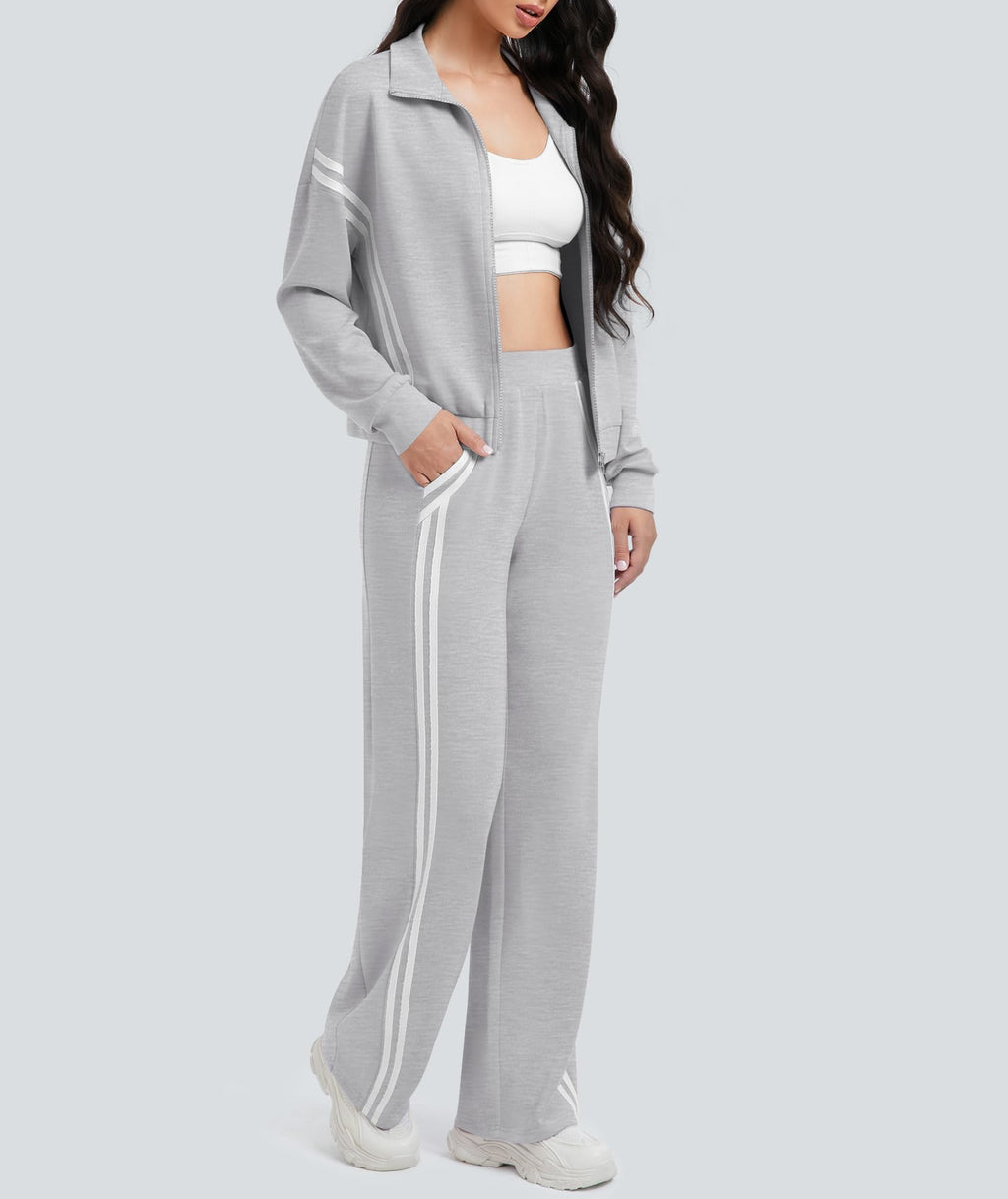 Casly Lamiit Two Piece Sweatsuit for Women Matching Lounge Sets 2025 Fashion Casual Fall Outfits Stripes Track Jackets Sweatpants Track Suit Grey M