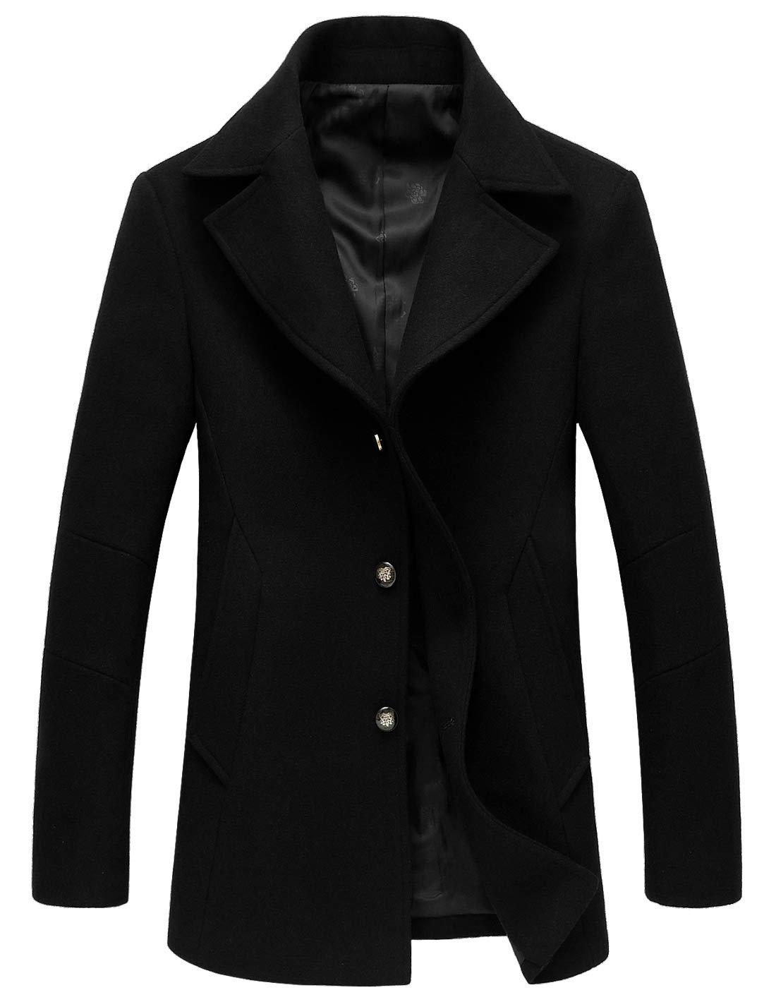 chouyatou Men's Classic Notched Collar Double Breasted Wool Blend Pea Coat (Medium, Single-Black)