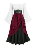 ROSE GAL Plus Size Women Renaissance Ren Faire Costume Off Shoulder Colorblock Textured Long Bell Sleeve Layered Maxi Medieval Dress(Red/L)