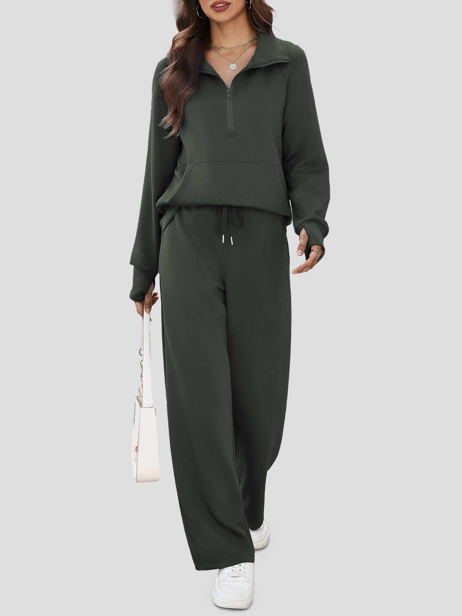 Casly Lamiit Two Piece Lounge Set for Women Matching Casual Sweatsuit Winter Long Sleeve Half Zip Sweatshirt Wide Leg Pants Travel Outfits Airport Athleisure Clothes Dark Grey Green M