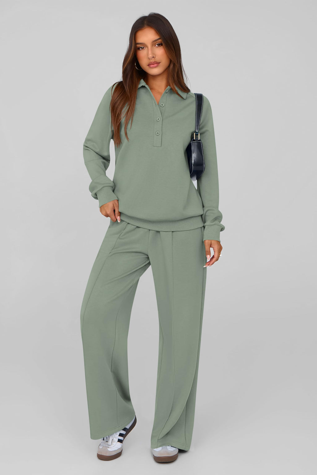 PRETTYGARDEN Women Fall 2 Piece Outfits Sweatsuits Quarter Button Long Sleeve Sweatshirt Wide Leg Pants Tracksuit Lounge Sets(Bean Green,Small)