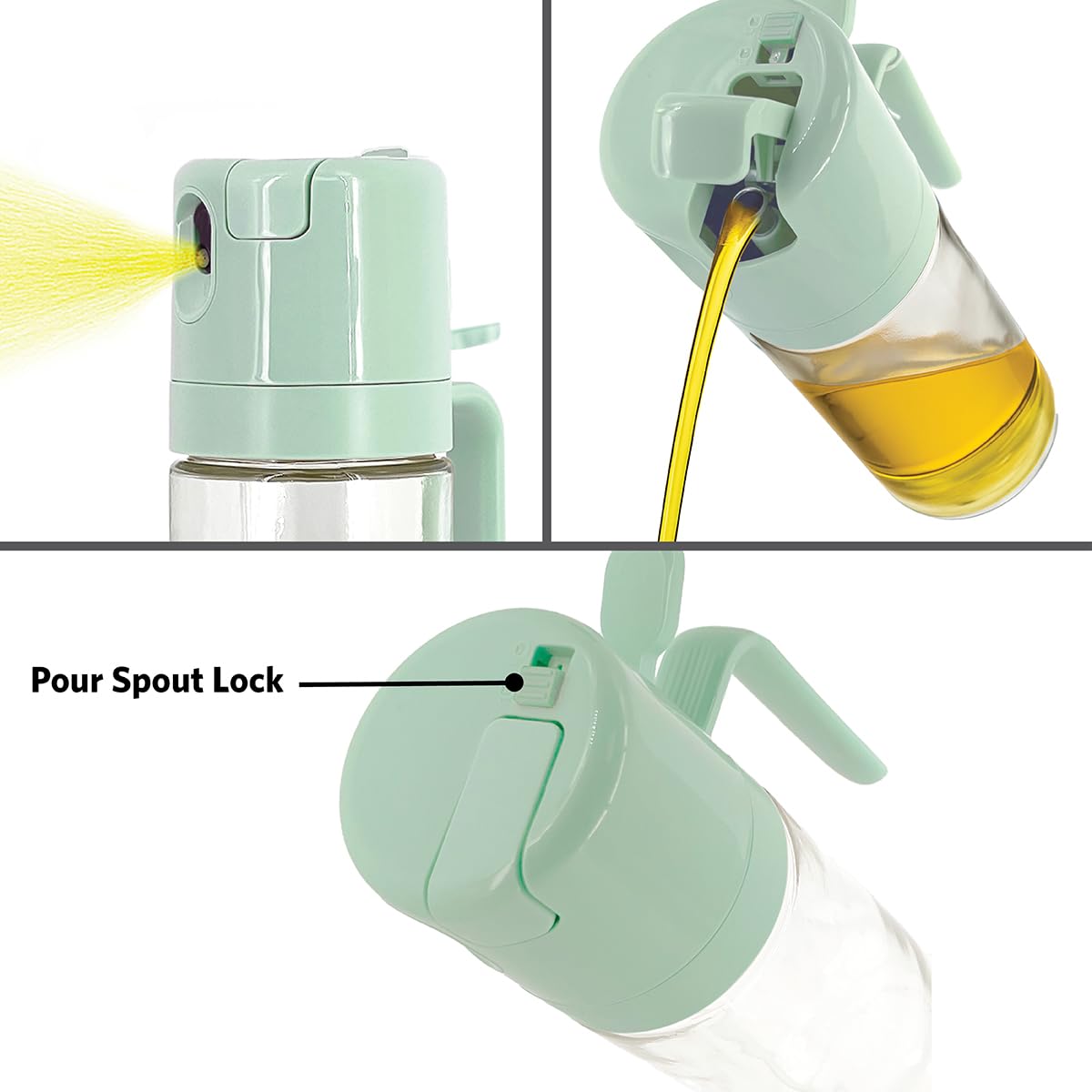 Glad 2 in 1 Oil Dispenser, 18.6oz/550ml - Olive Oil Sprayer for Cooking, Pouring Salad Dressing, and Grilling - Kitchen Gadget with Refillable Glass Bottle, Handle, and Mist or Pour Options - Green