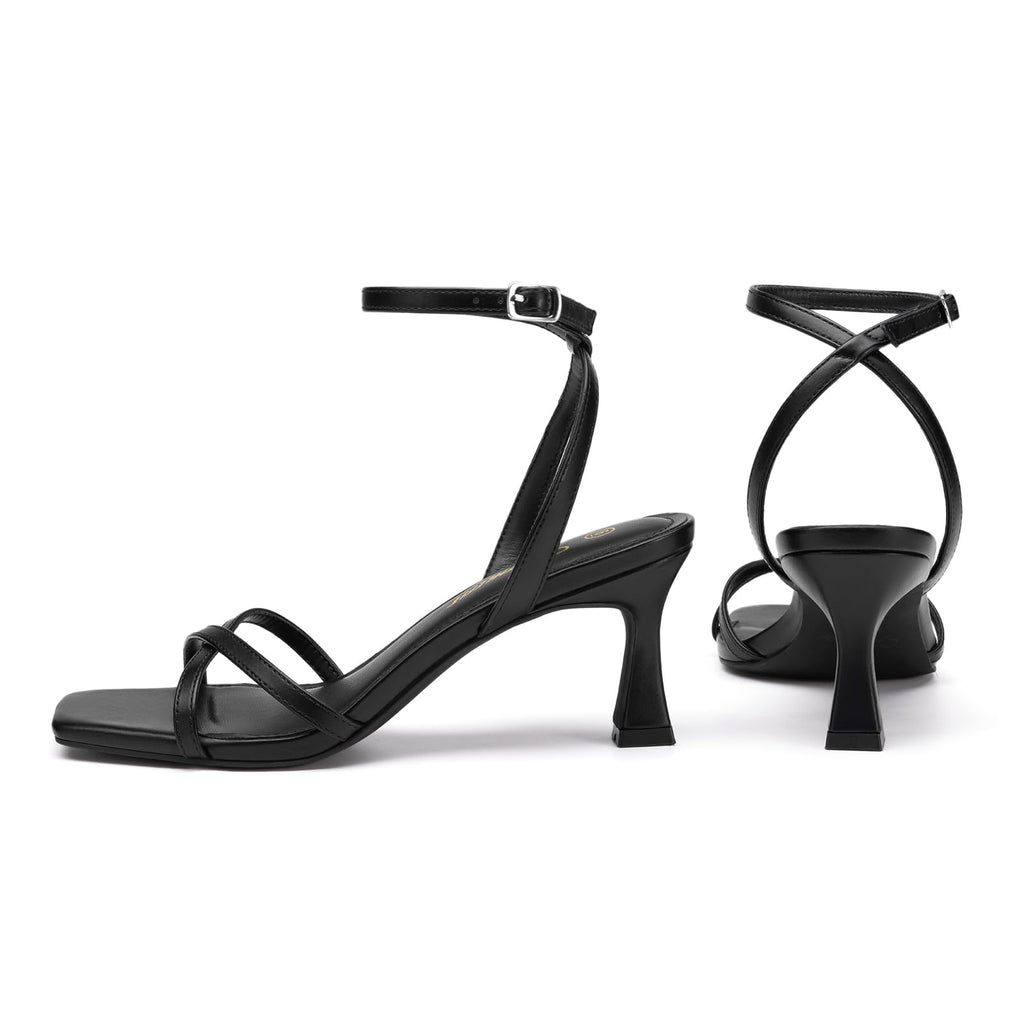 Athlefit Black Kitten Heels for Women Square Open Toe Strappy High Heels Comfortable Dressy Summer Graduation Ankle Strap Heeled Sandals Size 8.5