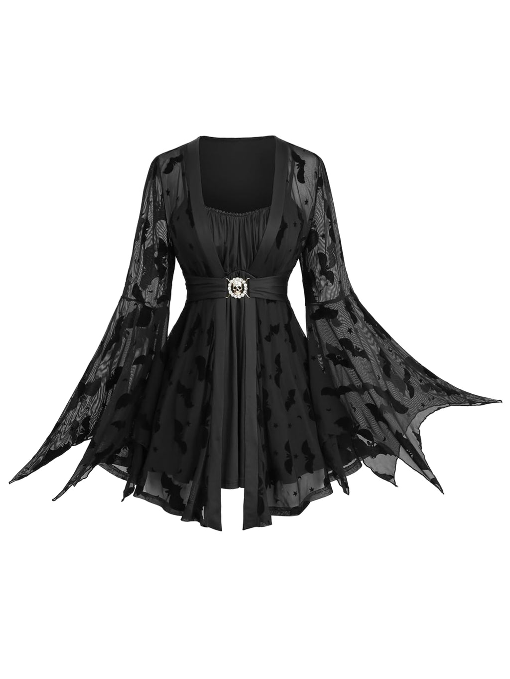ROSE GAL Plus Size Women Gothic Halloween Costume Flocking Bat Mesh Asymmetric Bell Sleeve 2 in 1 Goth Swing Top(Black/2X)