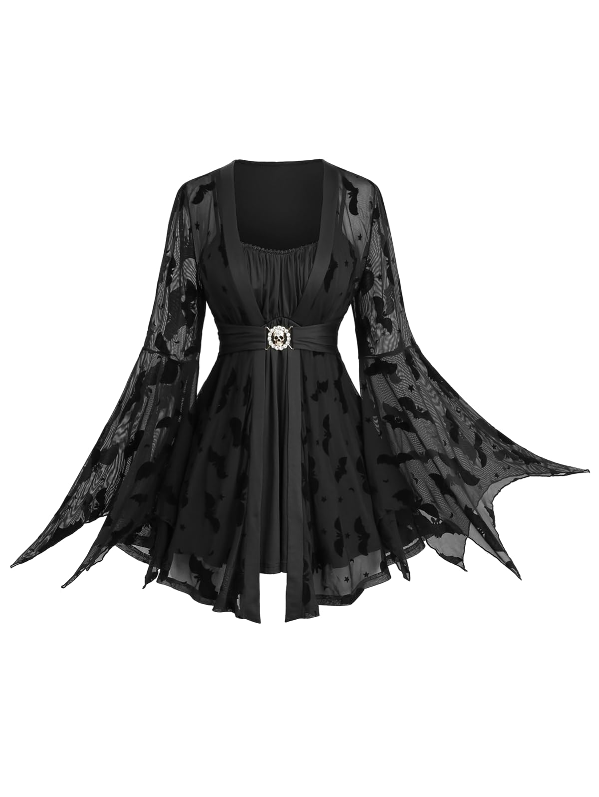 ROSE GAL Plus Size Women Gothic Halloween Costume Flocking Bat Mesh Asymmetric Bell Sleeve 2 in 1 Goth Swing Top(Black/2X)