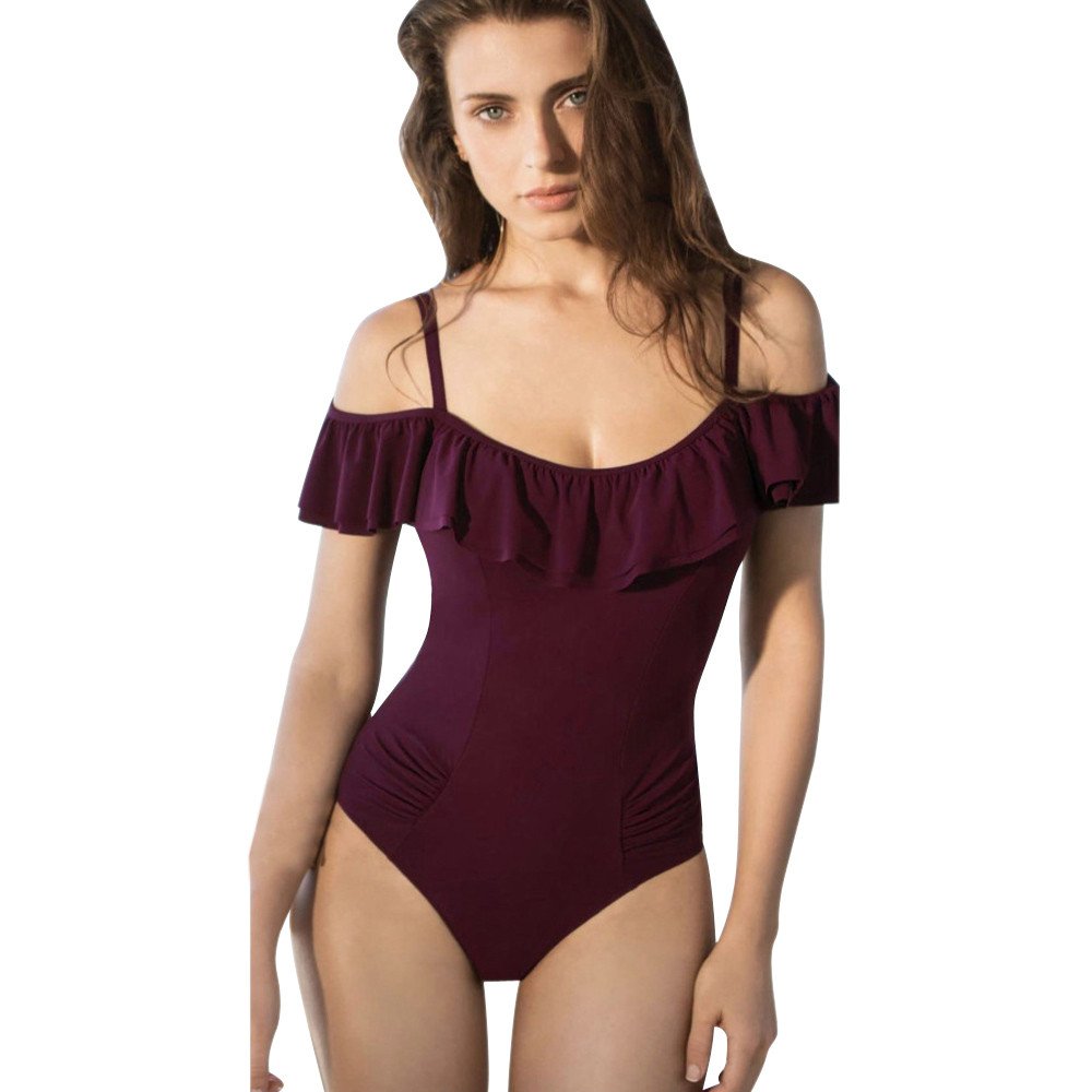 wodceeke Women's Ruffles One-Piece Swimsuit Off Shoulder Siamese Bikini Beachwear Swimwear(Wine,M)