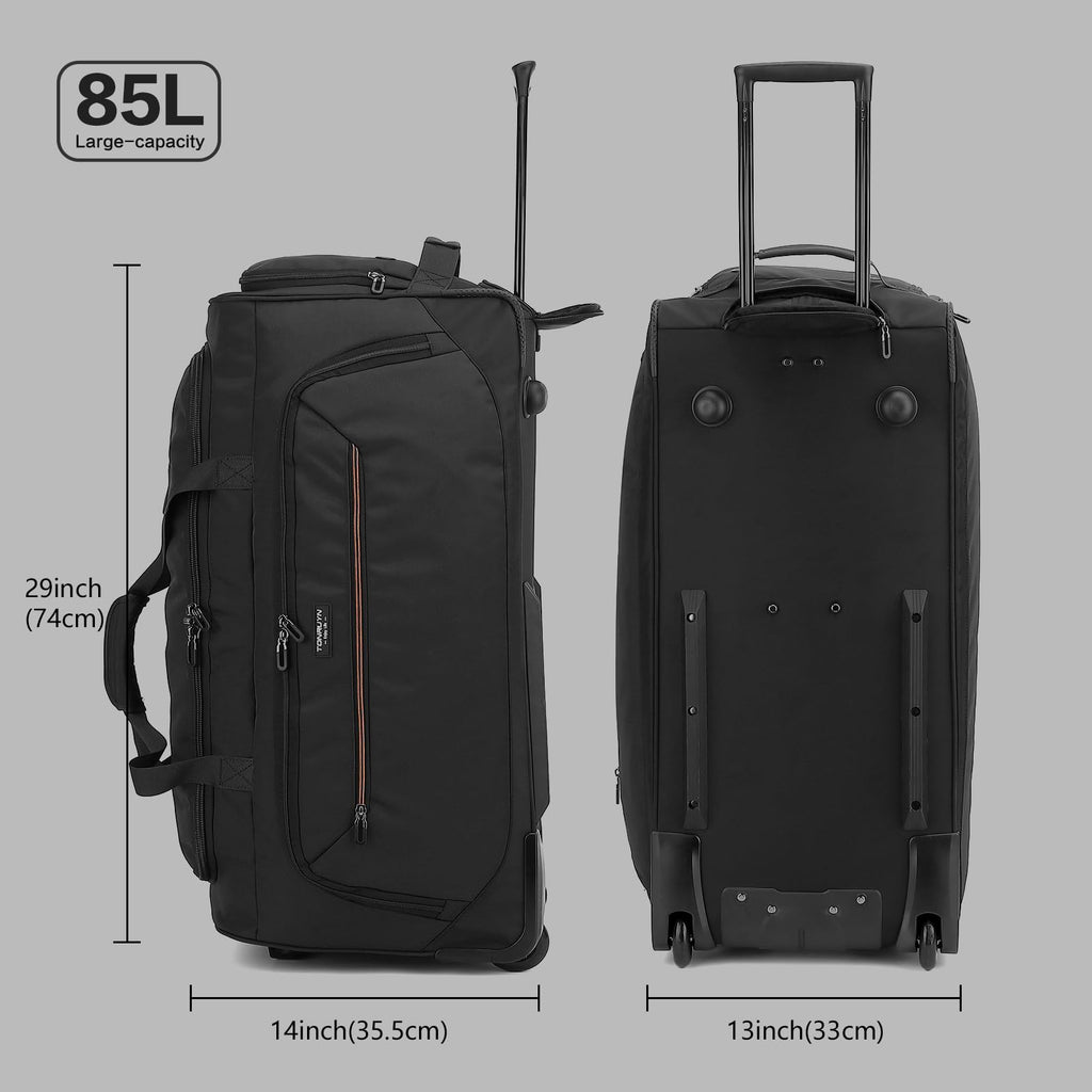 TONRUYN Large Rolling Duffle Bag with Wheels and Handle 85L 29 inch Travel Duffel Bag for Men Women with Shoe Compartment & Wet Pocket, 2 Wheeled Checked Luggage for Business Travel Long Trips, Black