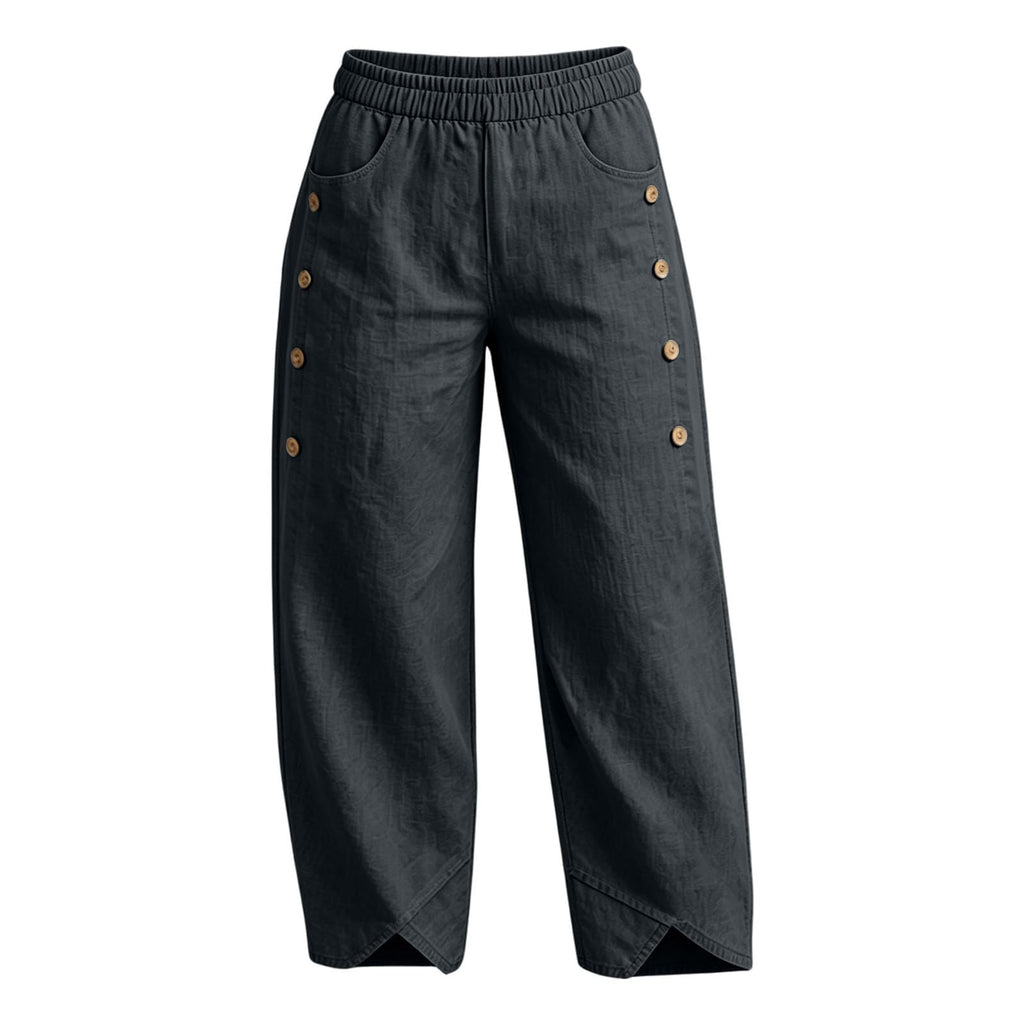 Wide Leg Pants for Women Elastic Waist Cotton Linen Wide Leg Pants Womens Baggy Side Button Split Hem High Waist Trousers Beach Vacation Outfits Plus Size Linen Cropped Wide Leg Capri Dark Gray M